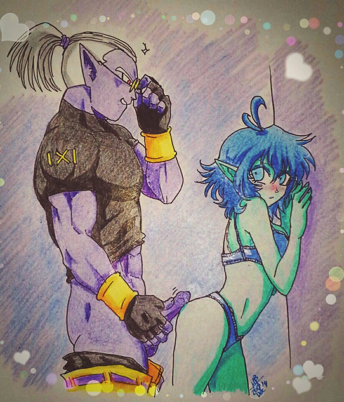 1boy 1girls against_wall aqua_skin colored_pencil_(artwork) demon_boy dragon_ball dragon_ball_xenoverse erect_penis erection female fu_(dragon_ball) glasses heart height_difference imminent_penetration imminent_sex male muscular_male naughtysena oc oc_x_canon original_character partially_clothed penis pointy_ears straight traditional_media_(artwork) underwear