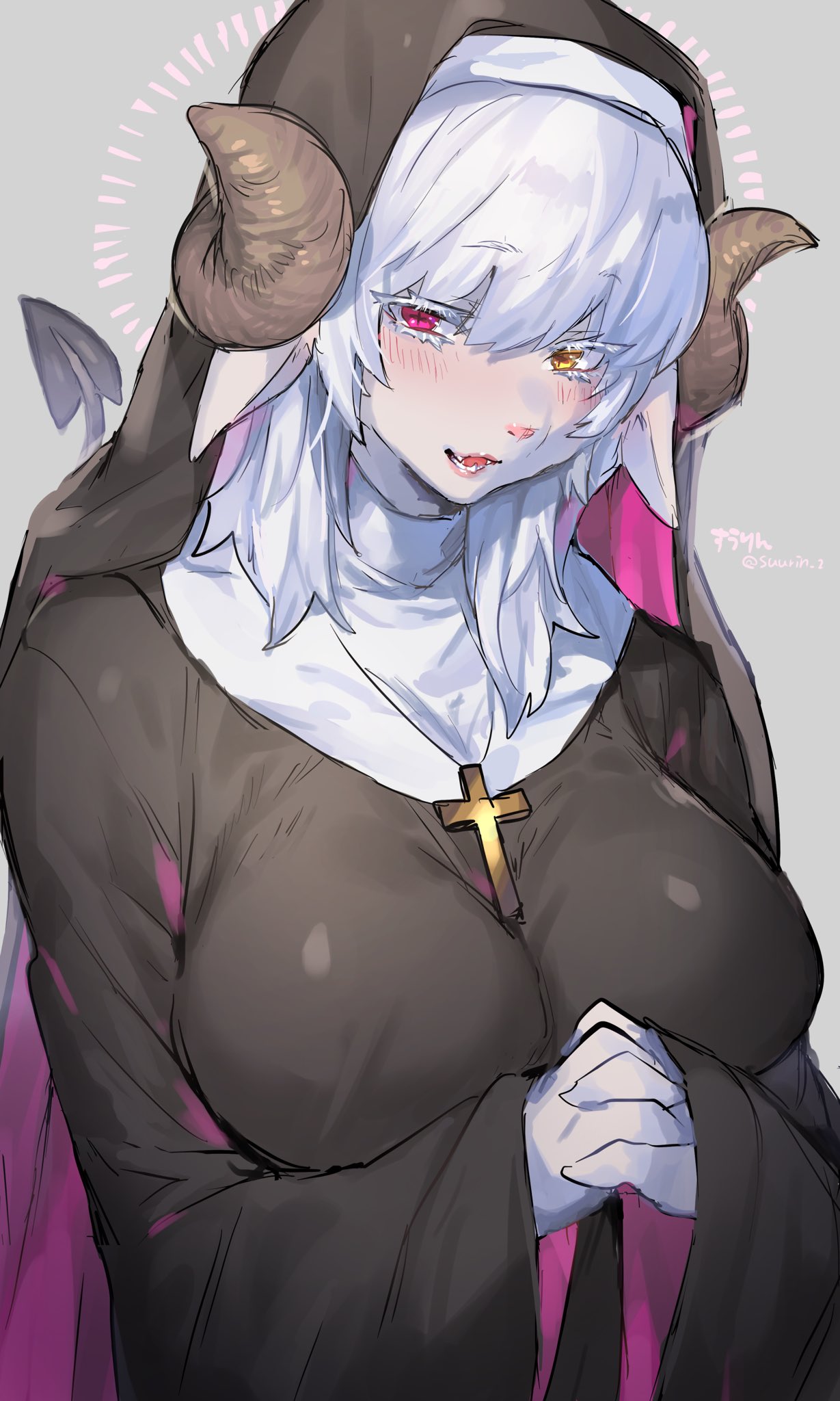 1girls, animal ears, big breasts, breasts, caprine, cross necklace, demon tail, female, female only, fur, furry, furry only, grey background, heterochromia, horns, interlocked fingers, looking at viewer, nun, nun's habit, pink eyes, pink nose, praying, solo, solo female, suurin (ksyaro), tail, white fur, white hair, yellow eyes