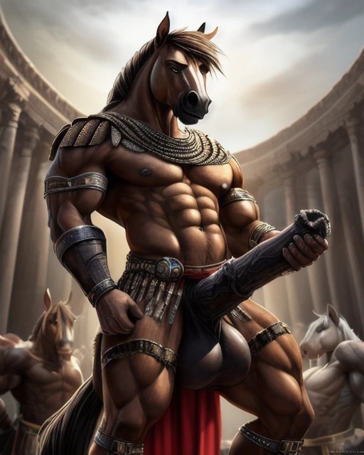 ai_generated anthro equid equine equine_genitalia gladiator horse horse_penis horsecock huge_balls huge_cock monster monster_cock muscular muscular_male original original_character