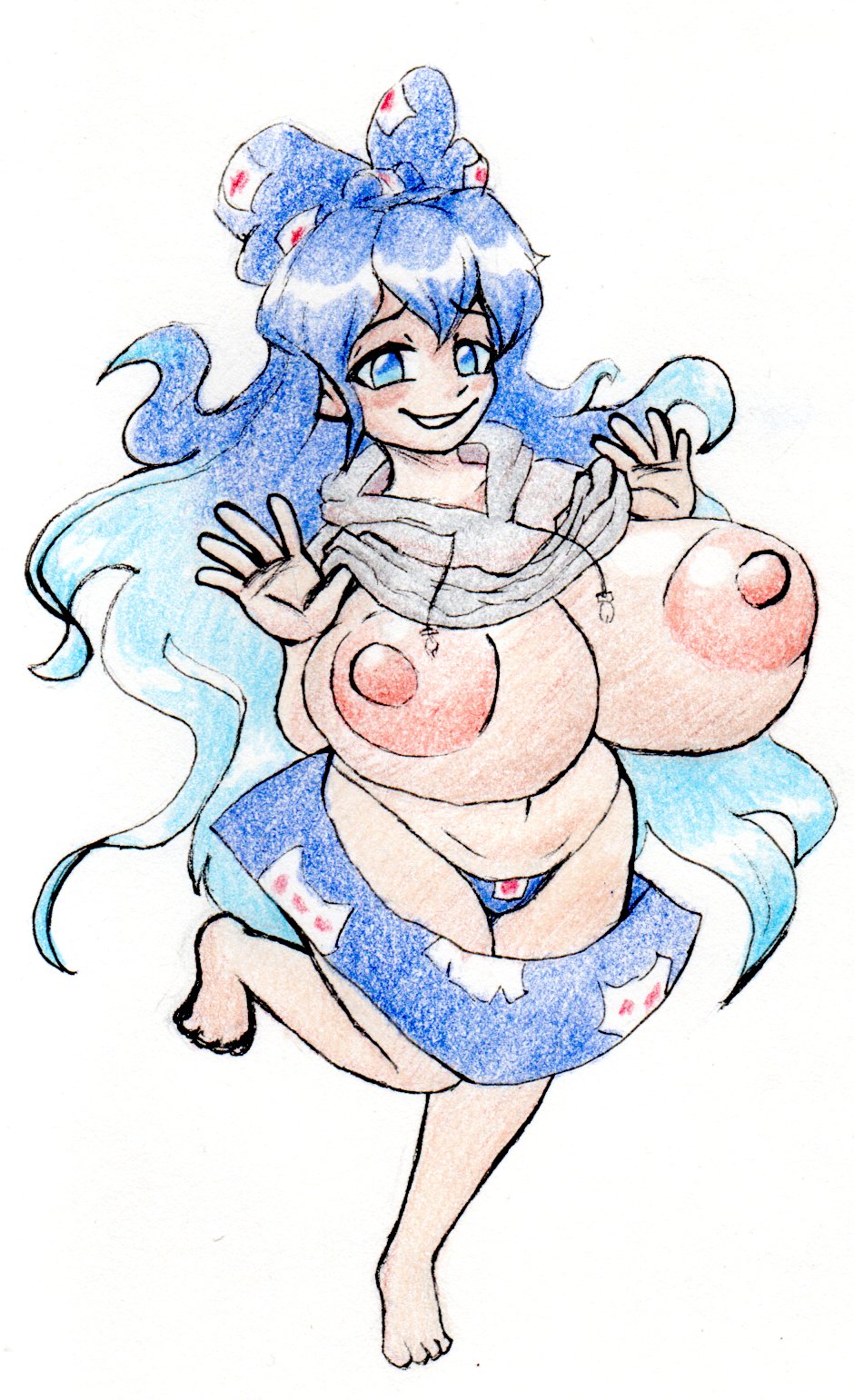 areolae big_breasts blue_eyes blue_hair breasts breasts_bigger_than_head fair-skinned_female huge_breasts light-skinned_female mischievous nipples puffy_nipples shion_yorigami shirt_lift skirt skirt_slipping_down thatartistann touhou voluptuous