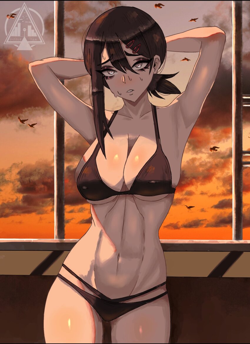 armpits arms_up breasts dizzle_tan higashiyama_kobeni sweating swimsuit window