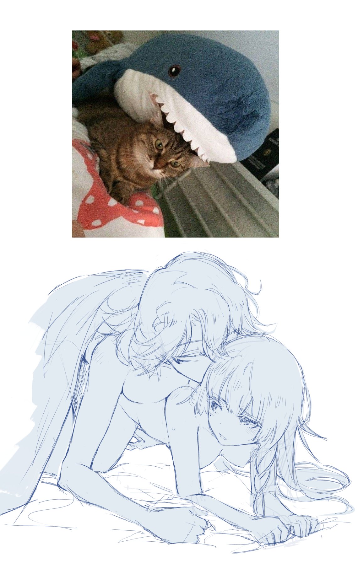 2girls blahaj blanket braid breast_press breasts closed_eyes feline fingering fingering_from_behind french_braid girls'_frontline highres ikea kissing kissing_shoulder large_breasts long_hair mole mole_under_eye multiple_girls nipples nude on_all_fours photo_reference real_life shark shuzi silly_cats sketch sl8_(girls'_frontline) stuffed_animal stuffed_toy under_covers vhs_(girls'_frontline) yuri