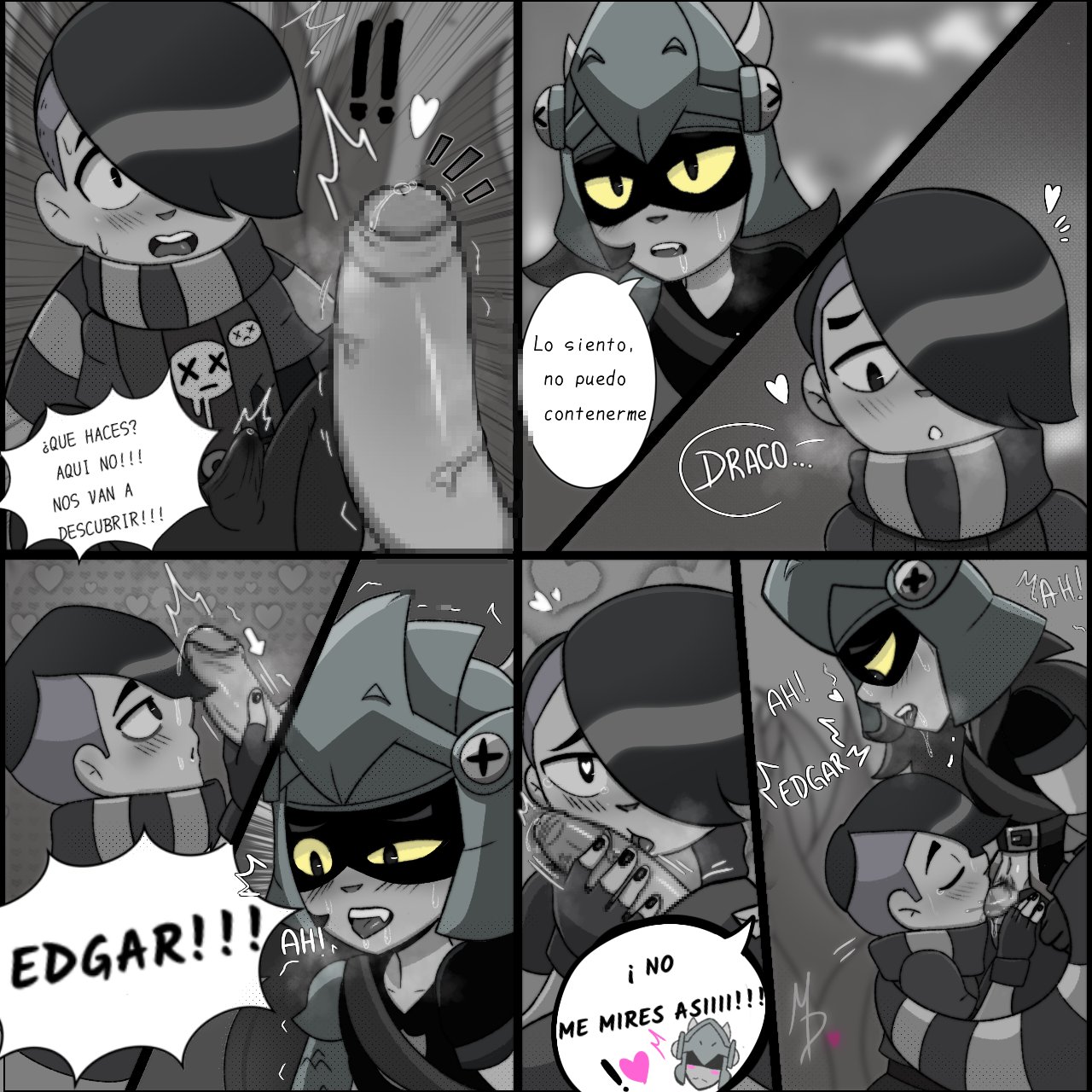 black nails, blowjob, blowjob face, brawl stars, closed eyes, clothed, clothing, comic, comic panel, dialogue, dick, draco (brawl stars), duo, edgar (brawl stars), emo, emo boy, emo hair, erect penis, erection, erection under clothes, gay, gay male, gloves, hair, hair over one eye, heart, heart-shaped pupils, human, long hair, male, male only, penis, penis in mouth, penis lick, pubic hair, scarf, short hair, spanish text, supercell, suprised, tongue, tongue out, tongue out blowjob, yellow eyes