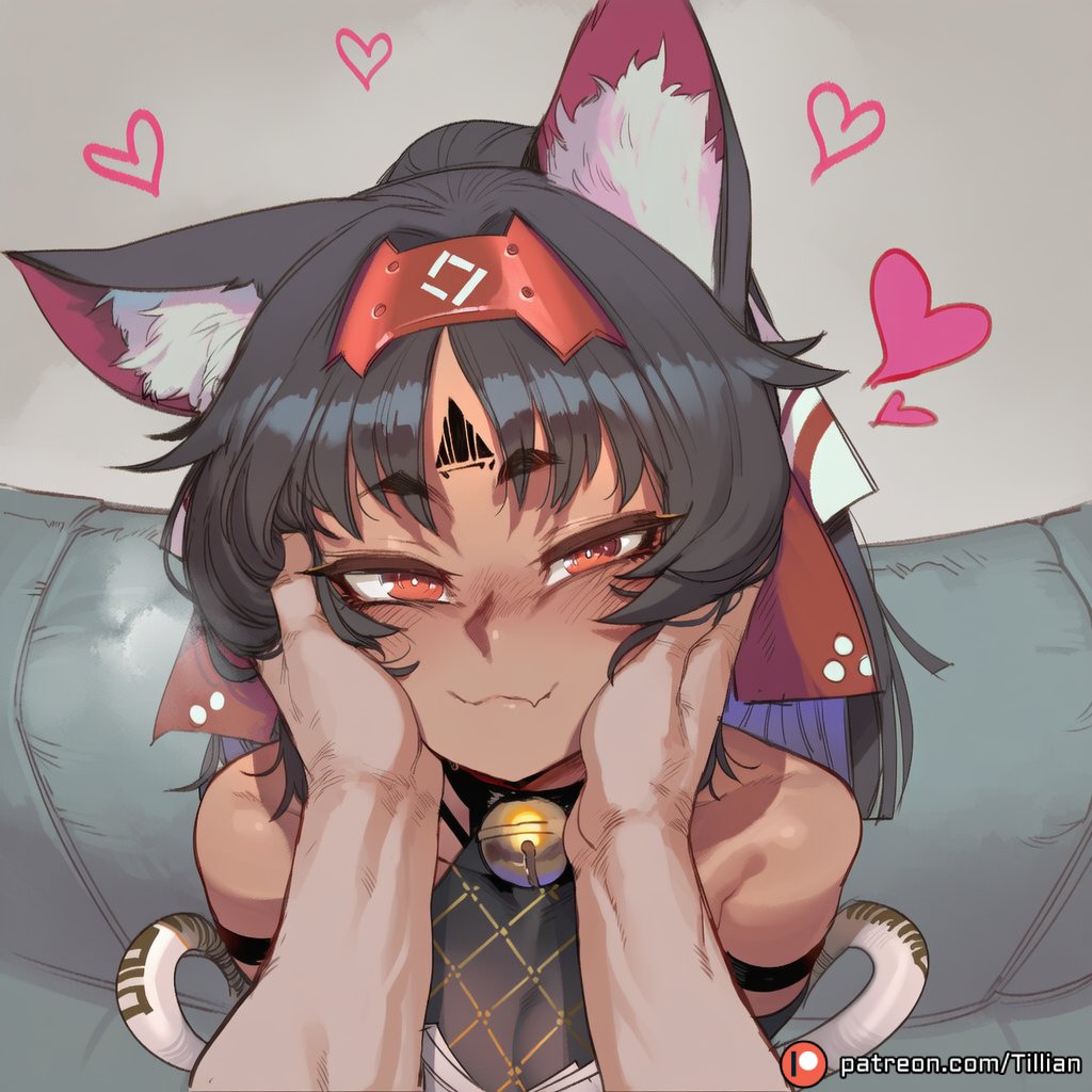 1boy, 1other, ai generated, ambiguous gender, animal ear fluff, animal ears, bare shoulders, bell, black hair, blush, breasts, cat ears, closed mouth, collar, couch, cute fang, dark skin, dark-skinned female, facial mark, fang out, female, forehead mark, hairband, hands on another's cheeks, hands on another's face, heart, heart-shaped pupils, jingle bell, long hair, looking at viewer, male, neck bell, nekomiya mana, patreon logo, patreon username, ponytail, pov, pov hands, red eyes, skin fang, smile, solo focus, symbol-shaped pupils, tillian, web address, zenless zone zero