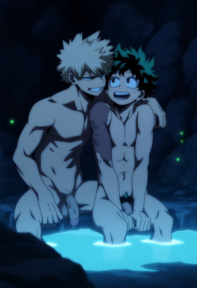 ai generated, boku no hero academia, gay, hawkchan99, izuku midoriya, katsuki bakugou, kissing, male, male focus, male only, muscular, muscular male, my hero academia, pubic hair, yaoi