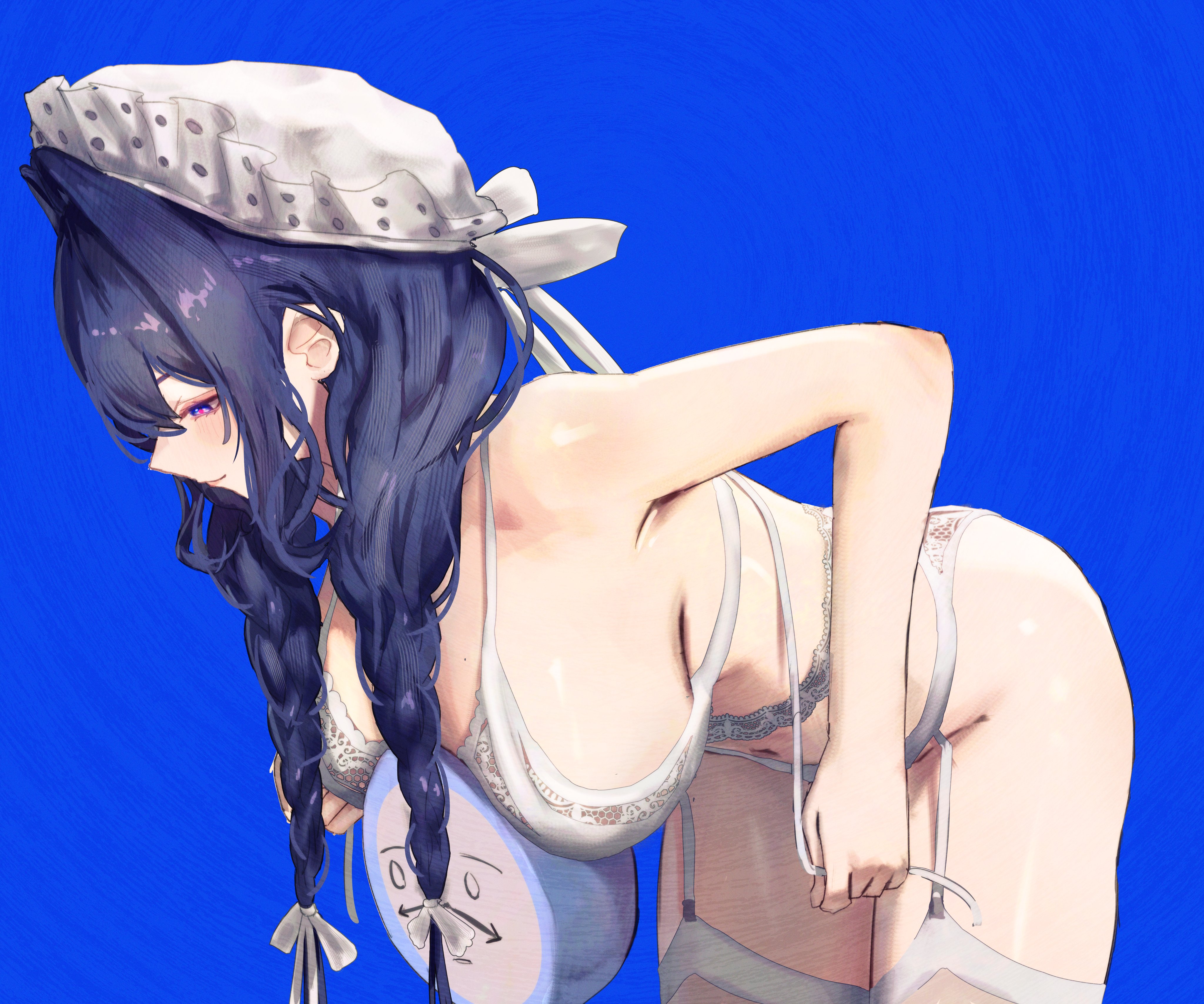 absurdres, bent over, blue background, blue eyes, blue hair, bra, braid, breasts, clock, closed mouth, erasorpepero, female, frilled hat, frills, garter belt, garter straps, hair intakes, hat, highres, hololive, hololive english, hololive english -council-, hololive english -promise-, kronie (ouro kronii), lace, lace bra, large breasts, lingerie, long hair, low twin braids, maid, maid headdress, navel, official alternate costume, official alternate hairstyle, ouro kronii, ouro kronii (maid), pink pupils, simple background, solo, twin braids, underwear, underwear only, undressing, virtual youtuber, white garter straps