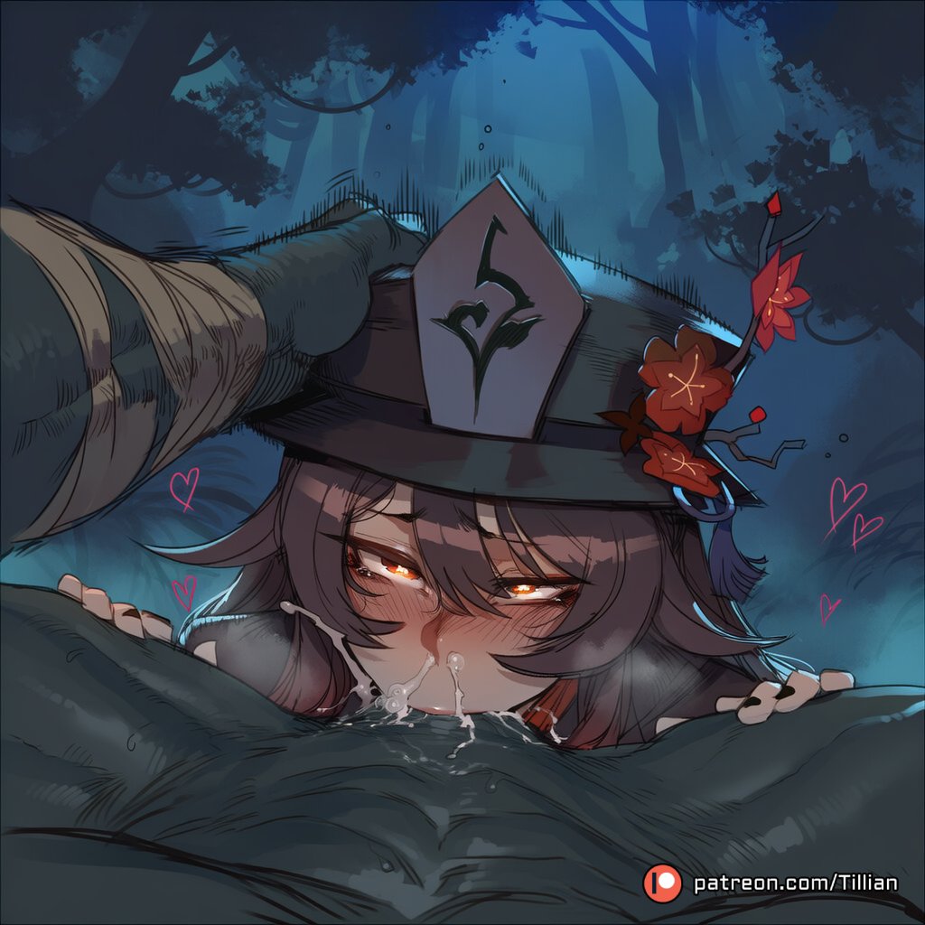 :>=, 1boy, ai generated, bandaged arm, black headwear, black nails, blush, brown hair, colored skin, cum, cum in mouth, cum in nose, cum overflow, dark-skinned male, deepthroat, duo, ejaculation, fellatio, female, flower, flower-shaped pupils, genshin impact, green skin, hair between eyes, half-closed eyes, hand on another's head, hat, hat flower, head grab, heart, heart-shaped pupils, hilichurls (species), hu tao (genshin impact), interspecies, irrumatio, long hair, looking at viewer, male, monster, muscular, nail polish, night, oral, outdoors, patreon logo, patreon username, penis, plum blossoms, porkpie hat, pov, pov crotch, red eyes, rolling eyes, snot, solo focus, straight, symbol-shaped pupils, tearing up, tears, tillian, twintails, web address