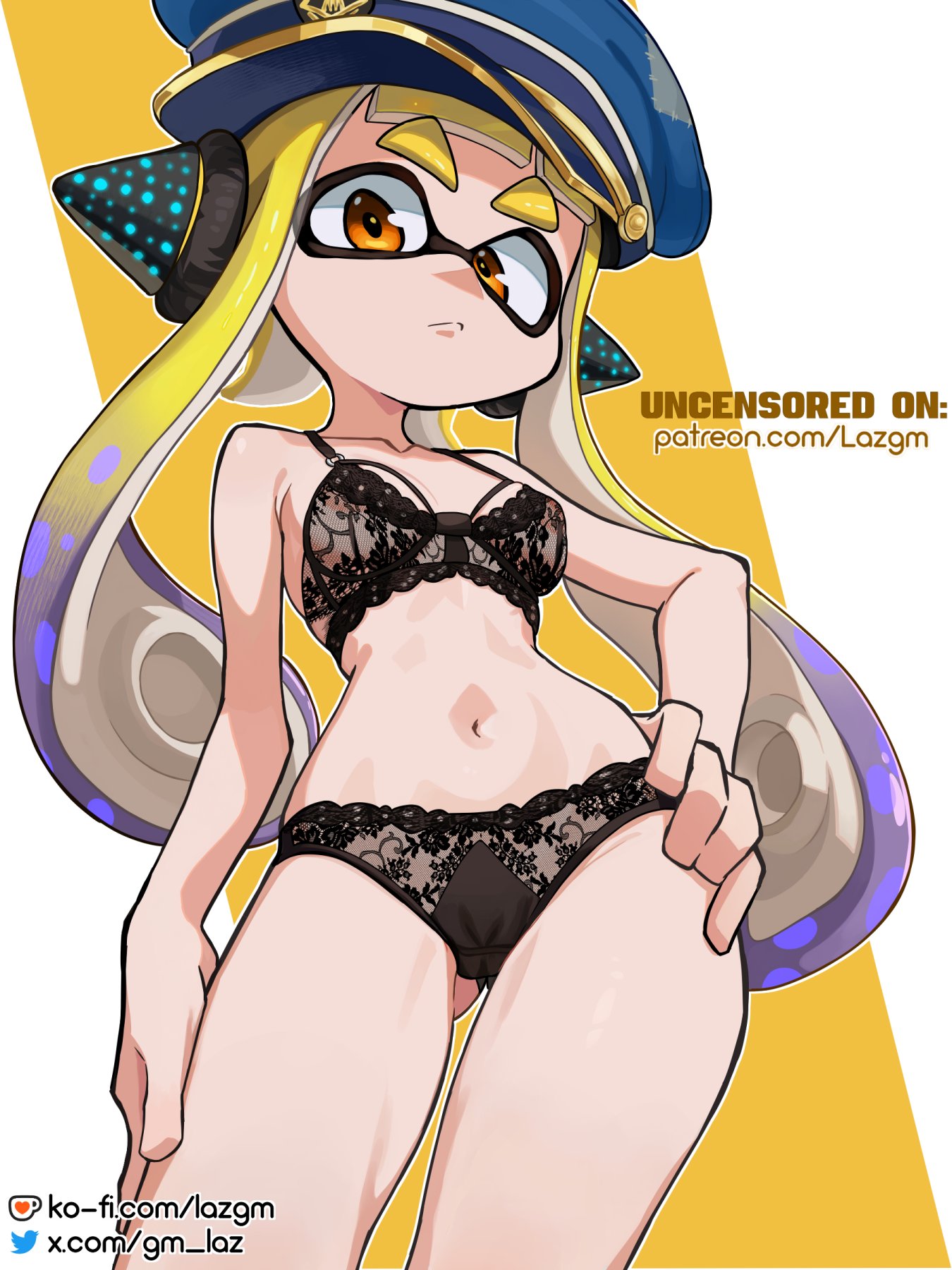 agent 3 (splatoon), belly button, black underwear, captain (splatoon 3), captain hat, cephalopod humanoid, female, inkling, inkling girl, laz gm, light-skinned female, nintendo, orange eyes, sexy pose, splatoon, splatoon (series), splatoon 3, splatoon 3: return of the mammalians, thighs, twitter link, underwear, yellow hair