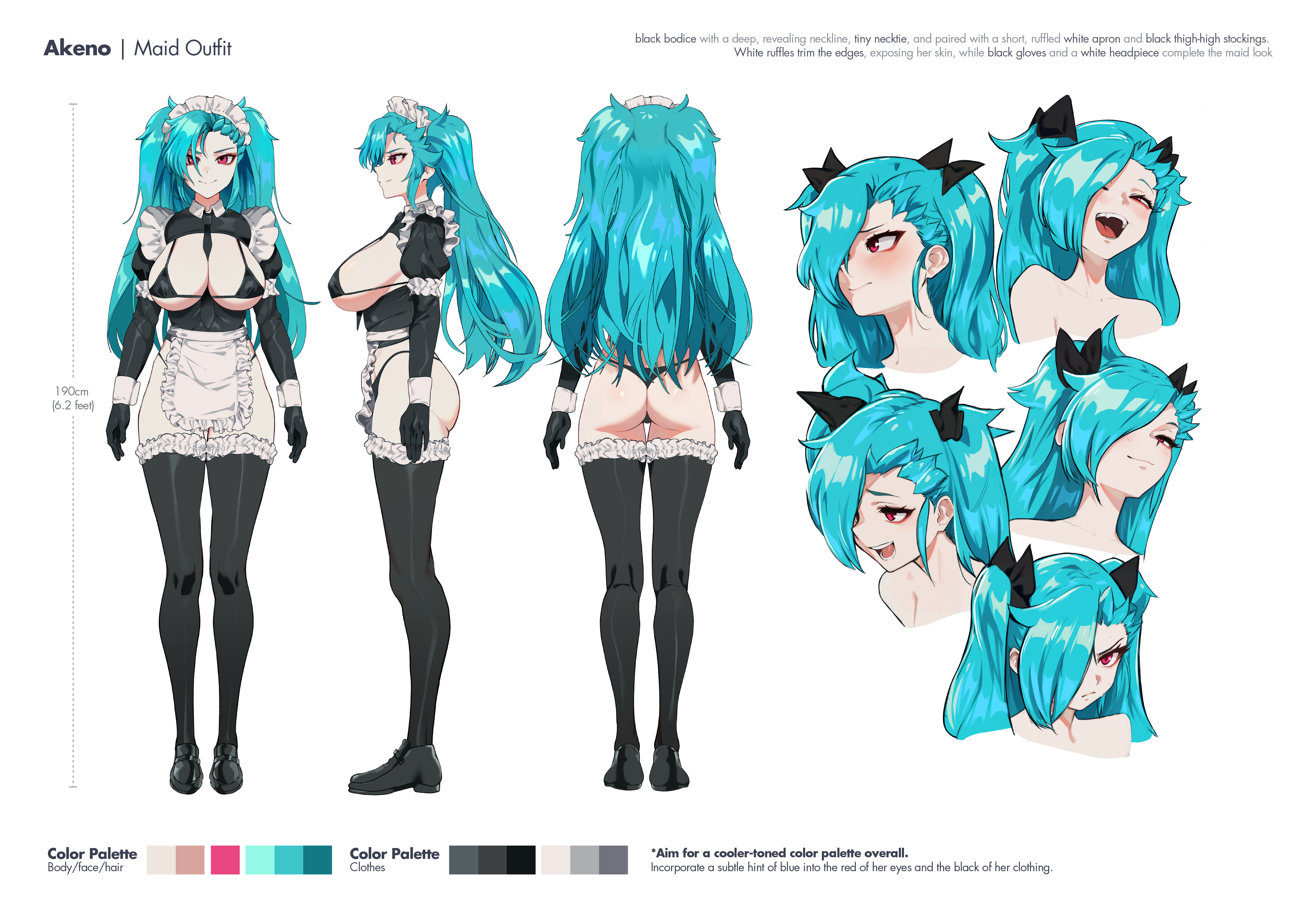 1girls, akeno (itsnafulol), angry, apron, ass, bikini, blue hair, breasts, character name, character profile, character sheet, cleavage, embarrassed, female, from behind, from front, from side, gloves, hair between eyes, hair over one eye, hair ribbon, height, huge ass, huge breasts, japanese (nationality), long hair, looking at viewer, maid, maid apron, maid bikini, maid headdress, multiple views, pink eyes, reference sheet, ribbon, sideboob, smile, smirk, smug, someone19912, swimsuit, thick thighs, thighhighs, thighs, thong, twintails, unconventional maid, white background, wide hips