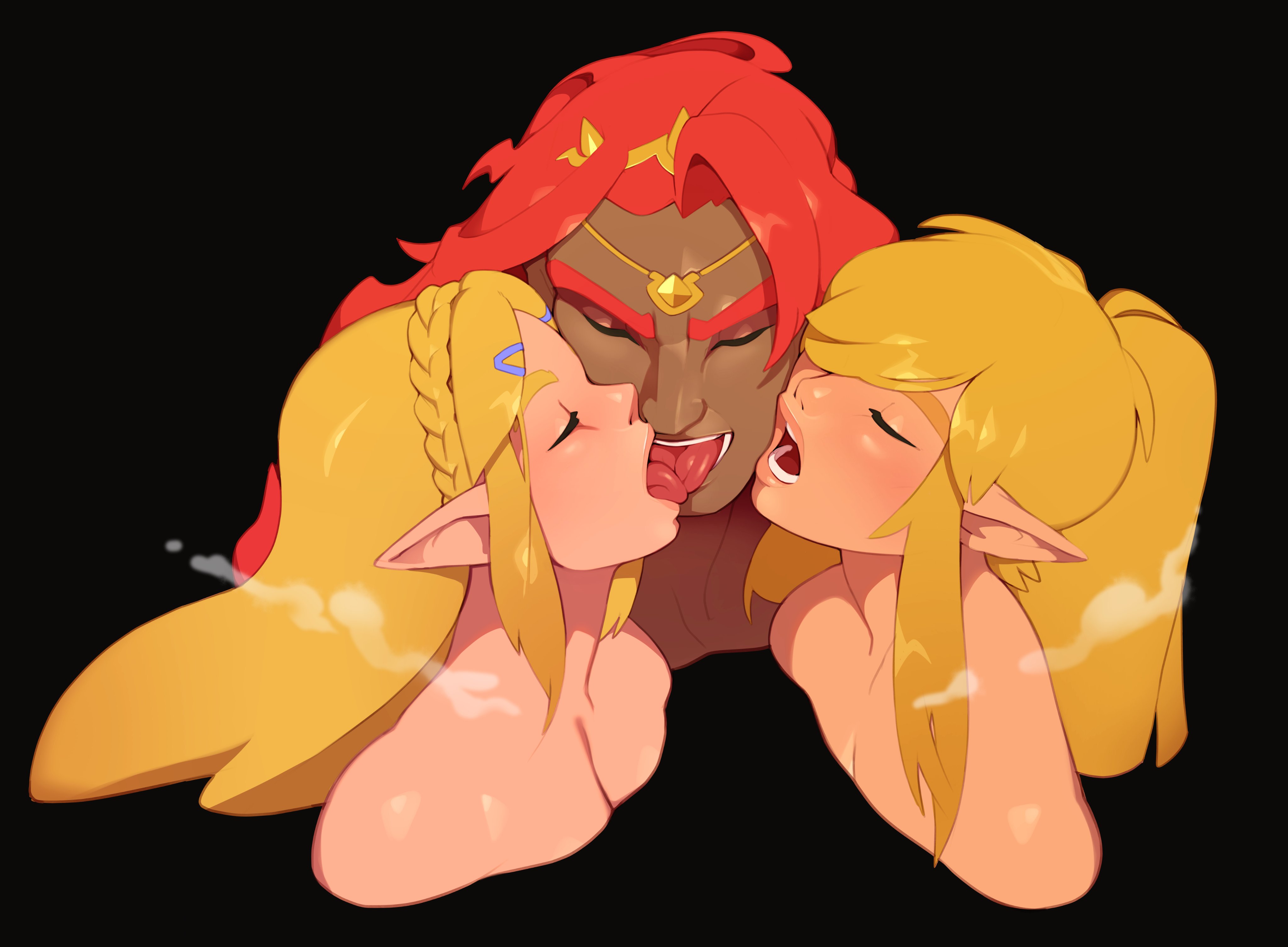 1girls, 2boys, absurdres, bisexual, bisexual kiss, bisexual male, black background, blonde hair, both sexes in same situation, breath of the wild, combos-n-doodles, dark background, dark skin, dark-skinned male, female, french kiss, ganondorf, gerudo, girly, highres, hylian, interracial, kissing, light skin, light-skinned female, light-skinned male, link, link (breath of the wild), male, multiple boys, multiple males, open mouth, pointy ears, princess zelda, simple background, the legend of zelda, tongue, tongue out, trio, yaoi, zelda (breath of the wild)