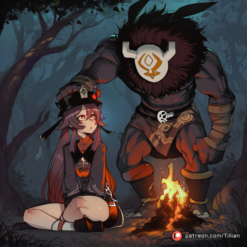 1boy, ai generated, bandaged arm, bandages, black headwear, brown hair, campfire, chinese clothes, dark-skinned male, duo, female, fire, flower, forest, genshin impact, hair between eyes, hand on another's head, hat, hat flower, hat ornament, headpat, hilichurls (species), hu tao (genshin impact), indian style, long hair, long sleeves, male, monster, muscular, nature, night, outdoors, patreon logo, red eyes, shoes, shorts, sitting, socks, symbol-shaped pupils, tillian, tree, twintails, web address