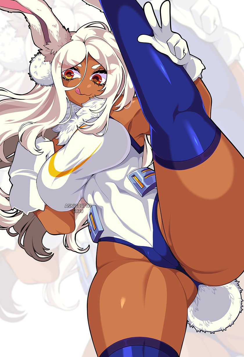 1girls :3 athletic bunny_ears bunny_tail cameltoe dark-skinned_female dark_skin female female_only gloves kemonomimi licking_lips miruko my_hero_academia queenashii rumi_usagiyama skimpy skin_tight smile solo splits spread_legs spreading stockings thick_thighs thighhighs thighs