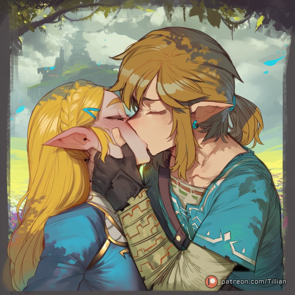 1boy, ai generated, artist name, black gloves, blonde hair, blue shirt, blue tunic, blush, braid, breath of the wild, champion's tunic (zelda ), closed eyes, collarbone, crown braid, earrings, female, fingerless gloves, french kiss, gloves, hair ornament, hairclip, hand on another's cheek, hand on another's face, jewelry, kissing, link, link (breath of the wild), long hair, low ponytail, male, outdoors, patreon logo, patreon username, pointy ears, ponytail, princess zelda, shirt, short ponytail, sidelocks, straight, the legend of zelda, tillian, tree, upper body, web address, zelda (breath of the wild)