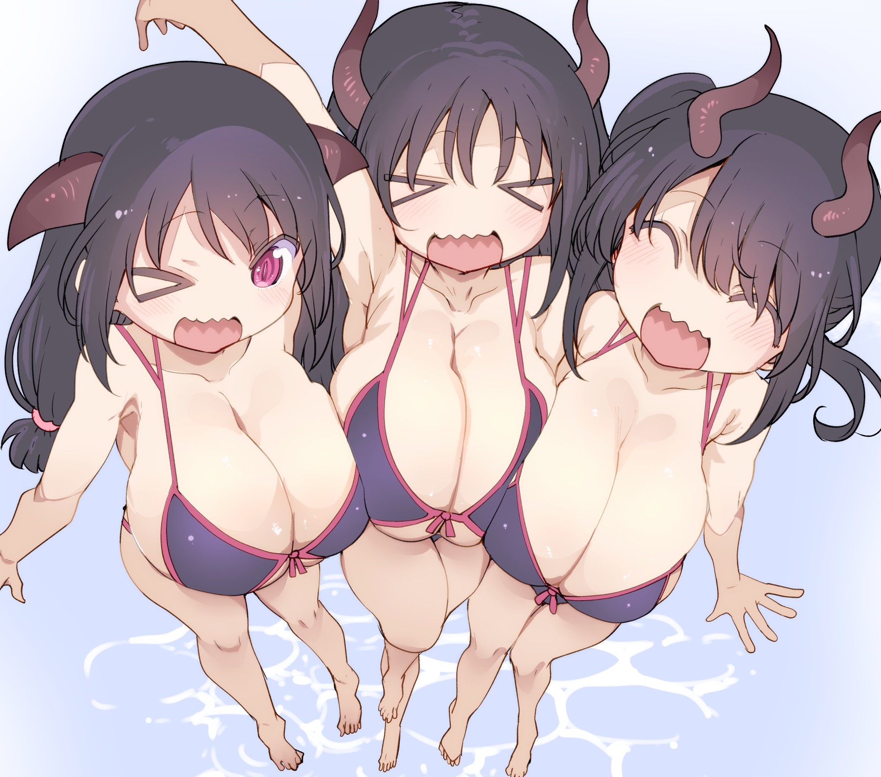 3girls, bangs, bikini, breasts, closed eyes smile, cool-kyou shinja, coolkyou2, dragon girl, eyes closed, fangs, female, horns, huge breasts, light skin, medium hair, original characters, short hair, smile, water, wink