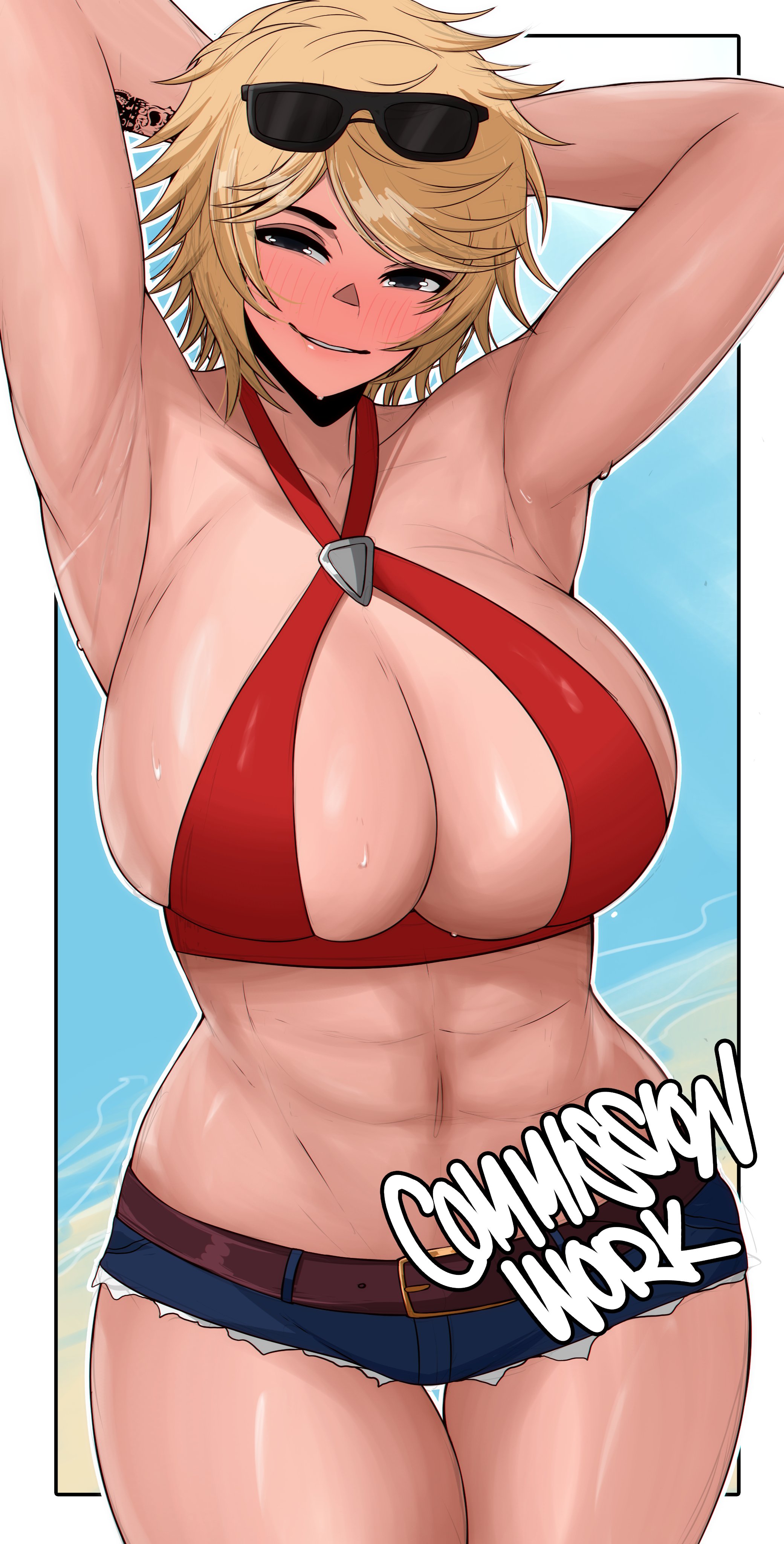 1girls, abs, alina novikov, armpit, armpits, arms behind back, arms up, background, bare armpits, bare arms, bare belly, bare legs, bare midriff, bare shoulders, bare thighs, barely clothed, beach, belly, belly button, belt, bikini, bikini top, bikini top only, black eyes, black glasses, black sunglasses, blonde female, blonde hair, blush, blushing at viewer, blushing female, boob window, both hands on head, breasts, brown belt, bust, busty, busty female, clothed, clothed female, clothing, commission, curvaceous, curvaceous body, curvaceous female, curvaceous figure, curvaceous hips, curvaceous thighs, curvy, curvy body, curvy female, curvy figure, curvy hips, curvy thighs, denim, denim shorts, edmun, female, female focus, female only, glasses, glasses on head, hair, hand behind head, hand on head, hips, huge breasts, huge thighs, human, human only, large breasts, large thighs, light skin, light-skinned female, looking at viewer, midriff, midriff baring shirt, muscles, muscular, muscular body, muscular female, oc, ocean, original, original character, outdoors, outside, red bikini, red shirt, russian, russian female, sea, seaside, seductive, seductive eyes, seductive look, seductive pose, seductive smile, sexy, short hair, short shorts, shorts, shoulders, smile, smiling, smiling at viewer, solo, solo female, solo focus, sunglasses, sunglasses on head, tattoo, tattoo on arm, tattooed arm, teeth, thigh gap, thighs, thunder thighs, voluptuous, voluptuous body, voluptuous female, white border, wide hipped female, wide hips