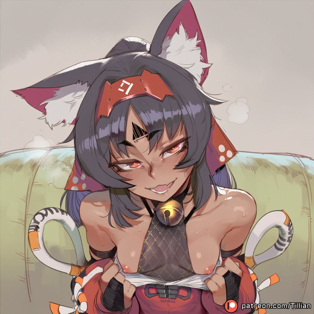 ai generated, animal ear fluff, animal ears, bare shoulders, bell, black hair, blush, breasts, breasts out, bridal gauntlets, cat ears, cat girl, cat tail, clothes pull, collar, collarbone, couch, cute fang, dark skin, dark-skinned female, facial mark, female, fishnet top, fishnets, flashing, forehead mark, hairband, heavy breathing, jingle bell, long hair, looking at viewer, neck bell, nekomiya mana, nipples, open mouth, orange eyes, patreon logo, patreon username, ponytail, pulled by self, red eyes, red hairband, shirt pull, small breasts, smile, solo, sweat, tail, tillian, upper body, zenless zone zero