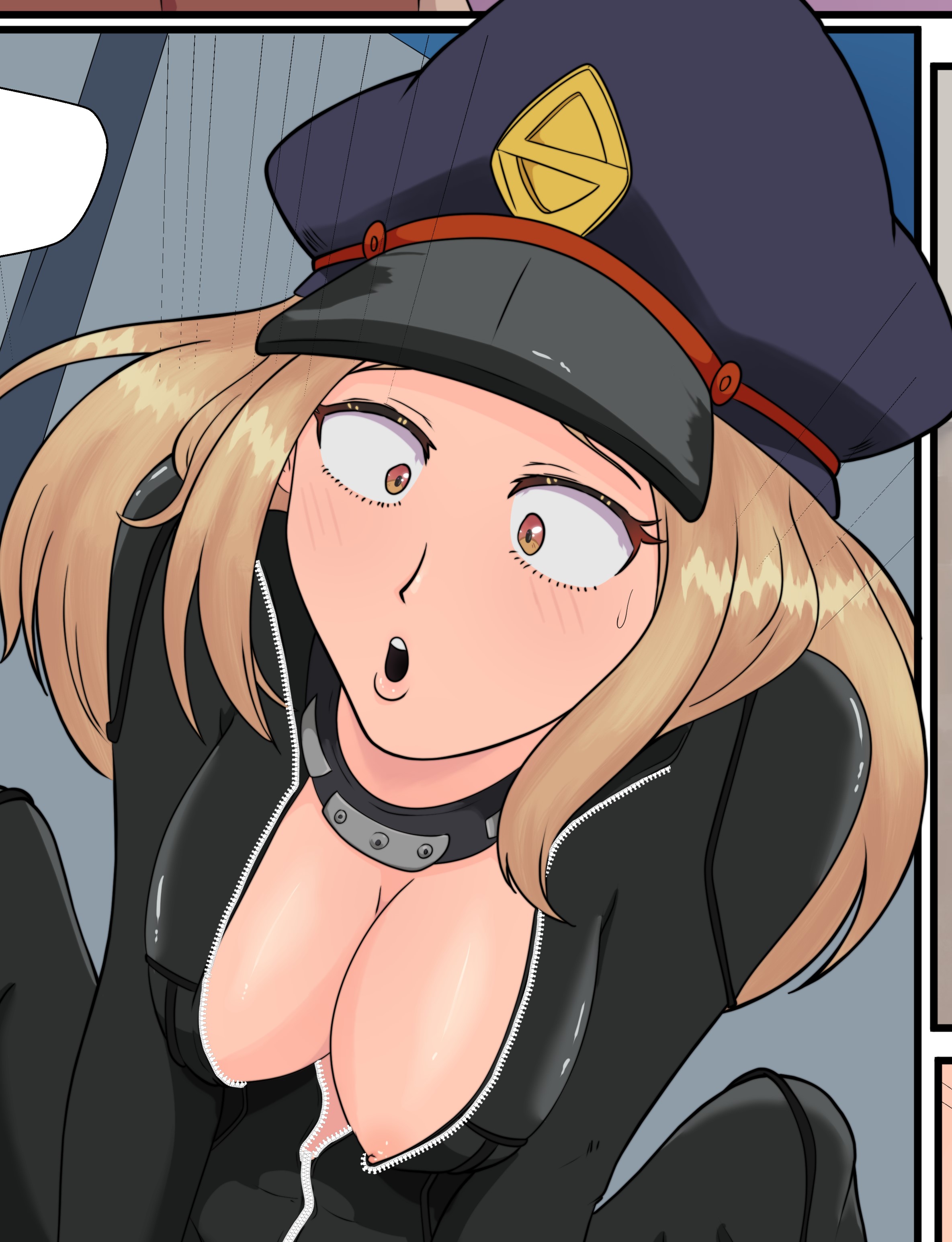 1girls, blonde hair, blonde-haired female, boku no hero academia, breasts, camie utsushimi, colar, female, female only, hat, leather clothing, my hero academia, nipple slip, onesie, open clothes, open mouth, open zipper, surprise, surprised, surprised expression, surprised face
