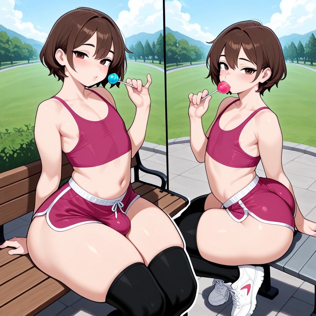 1boy, 1femboy, 2025, ai generated, alternate version available, ass, bamlam, belly, bench, big ass, brown eyes, brown hair, bulge, crossdressing, femboy, feminine male, girly, legwear, licking, licking lollipop, lollipop, male, navel, outdoors, outside, park, park bench, short shorts, shorts, sports shorts, sports uniform, sportswear, tank top, thick thighs, thighs, top, topwear, trap