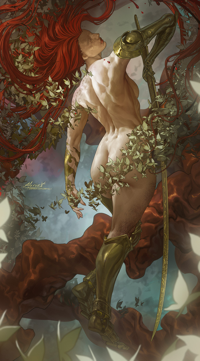 1girls, aleriia v, amputee, ass, ass cleavage, ass focus, back, back muscles, backboob, big ass, breasts, bug, butt crack, butterfly, completely nude, elden ring, female, floating, fromsoftware, golden sword, head back, head tilt, highres, insects, lerapi, long hair, malenia blade of miquella, malenia goddess of rot, mechanical arms, muscles, nude, nude female, prosthesis, prosthetic arm, prosthetic leg, red hair, single mechanical arm, solo, sword, thick thighs, thighs, triple amputee, very long hair, weapon