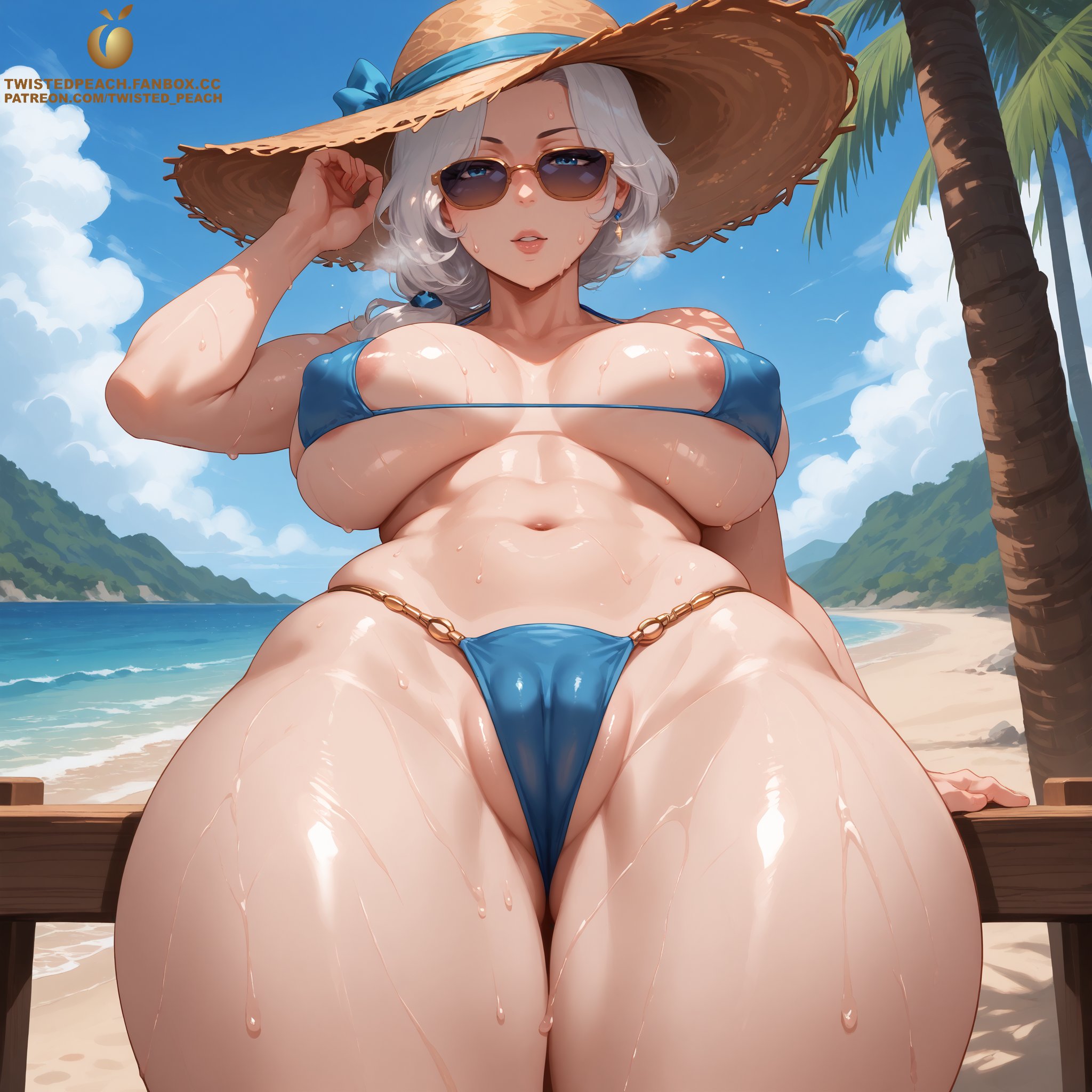 ai generated, areola slip, areolae, beach, bikini, bikini bottom, bikini top, blue eyes, breasts, cameltoe, female, hat, large ass, large breasts, large butt, large thighs, mature, mature female, mature woman, milf, motherly figure, posing, rwby, solo, solo female, solo focus, straw hat, sun hat, sunglasses, tagme, thick, thick ass, thick thighs, twistedpeach, white hair, willow schnee