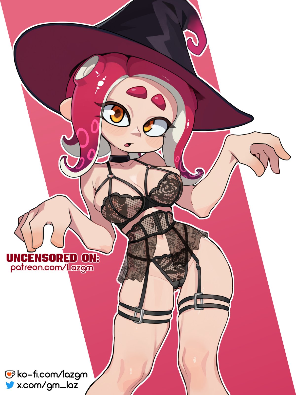 agent 8 (splatoon), black underwear, breasts, cephalopod humanoid, female, laz gm, light-skinned female, nintendo, octoling, octoling girl, orange eyes, red hair, splatoon, splatoon (series), splatoon 2, splatoon 2: octo expansion, tentacle hair, thighs, twitter link, underwear, witch hat