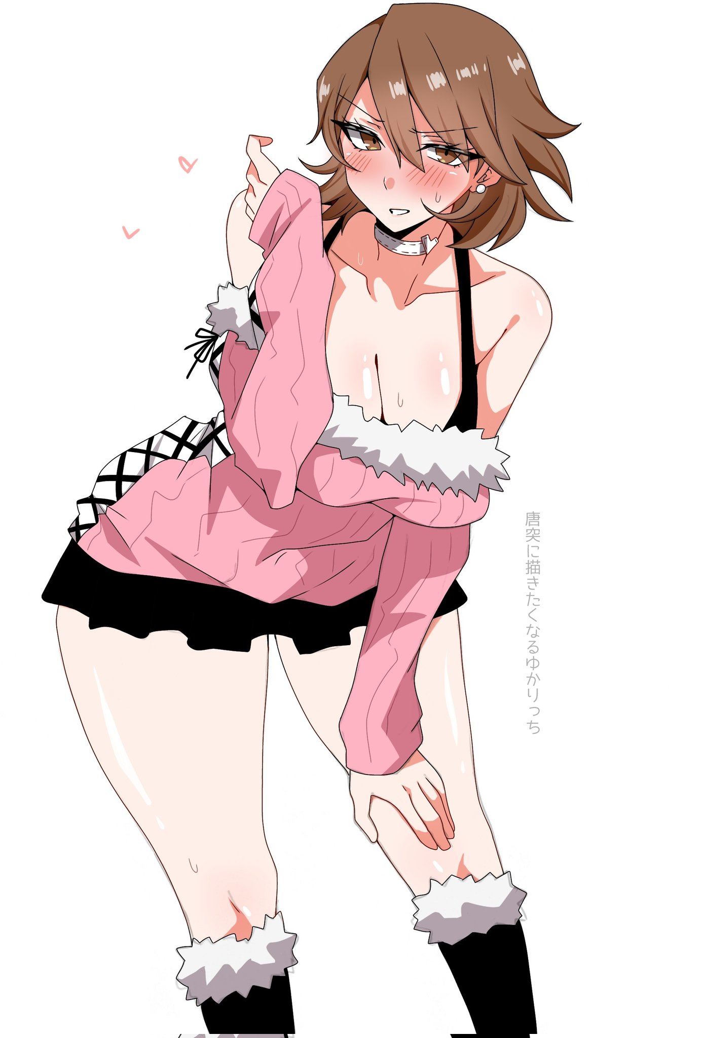 bare shoulders, black boots, black skirt, blush, boots, bra strap, breasts, brown eyes, brown hair, choker, cleavage, collarbone, commentary request, corrupted twitter file, cross-laced clothes, cross-laced sleeves, cross-laced sweater, earrings, feet out of frame, female, female only, flipped hair, fur trim, fur-trimmed boots, fur-trimmed sweater, hair between eyes, halterneck, heart, heart choker, highres, jewelry, large breasts, leaning forward, long sleeves, looking at viewer, maz 515, miniskirt, off shoulder, off-shoulder sweater, official alternate costume, parted lips, pearl earrings, persona, persona 3, pink sweater, pleated skirt, ribbed sweater, short hair, simple background, skirt, solo, strap, sweat, sweater, thighs, white background, white choker, winter clothes, yukari takeba, yukari takeba (winter casual)