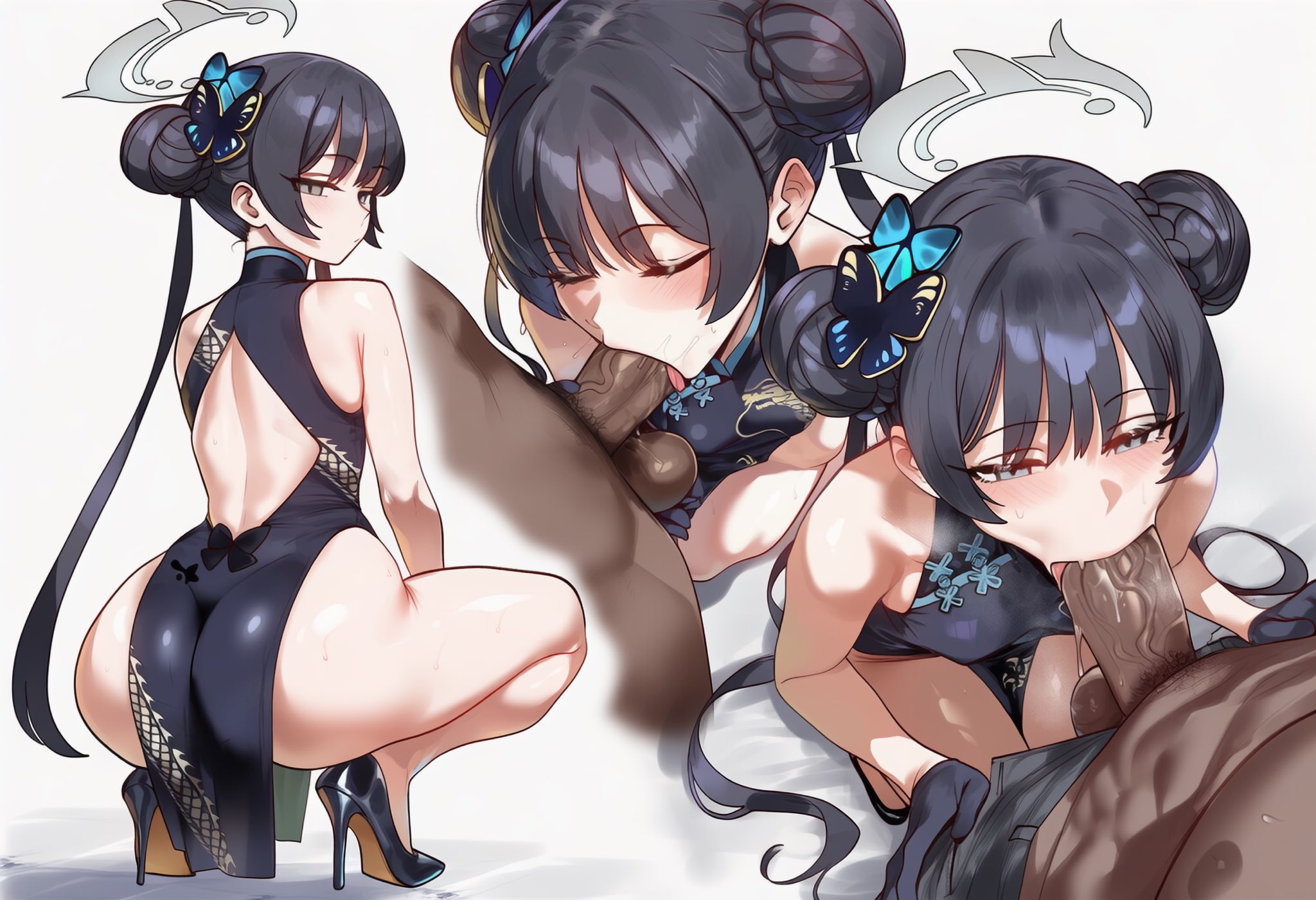 1boy, 1boy1girl, 1girls, ai generated, asian female, ass, balls, big balls, big penis, black hair, blowjob, blue archive, blush, breasts, bubble ass, bubble butt, china dress, clothed, dark skin, dark-skinned male, exposed back, expressionless, fellatio, female, genlation, gloves, grey eyes, hair ornament, halo, heels, interracial, kisaki (blue archive), large penis, large testicles, male, multiple angles, oral, partially clothed, penis, qipao, self upload, small breasts, squat, squatting, sucking, sucking penis, tagme, testicles, thick ass, thick thighs, thighs, twin buns