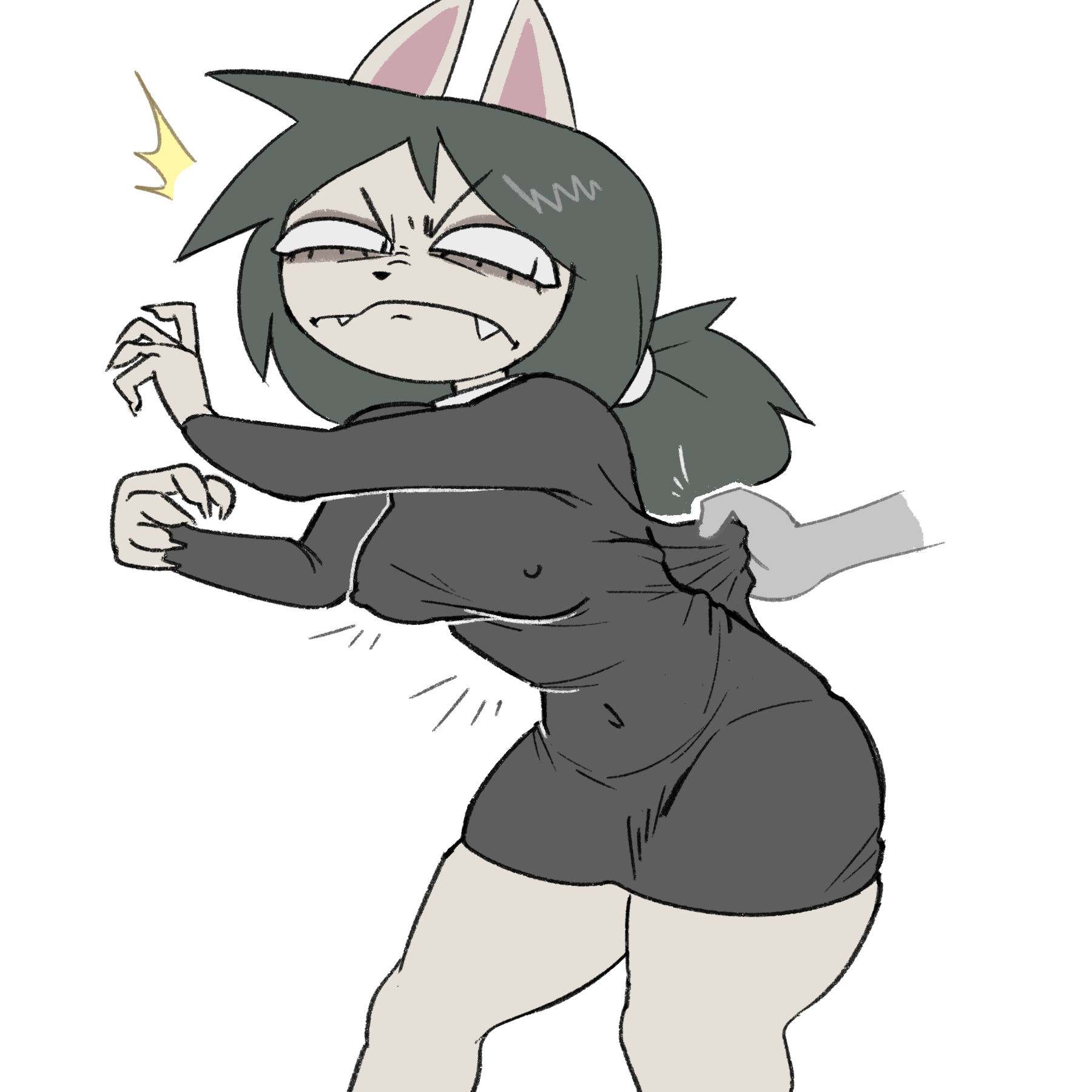1:1, annoyed, anthro, black clothing, black dress, blueregardtwo, cartoon hangover, claire (the summoning), clothing, clothing pull, domestic cat, dress, felid, feline, felis, female, green hair, hair, hi res, mammal, nipple outline, solo, tagme, the summoning, tied hair