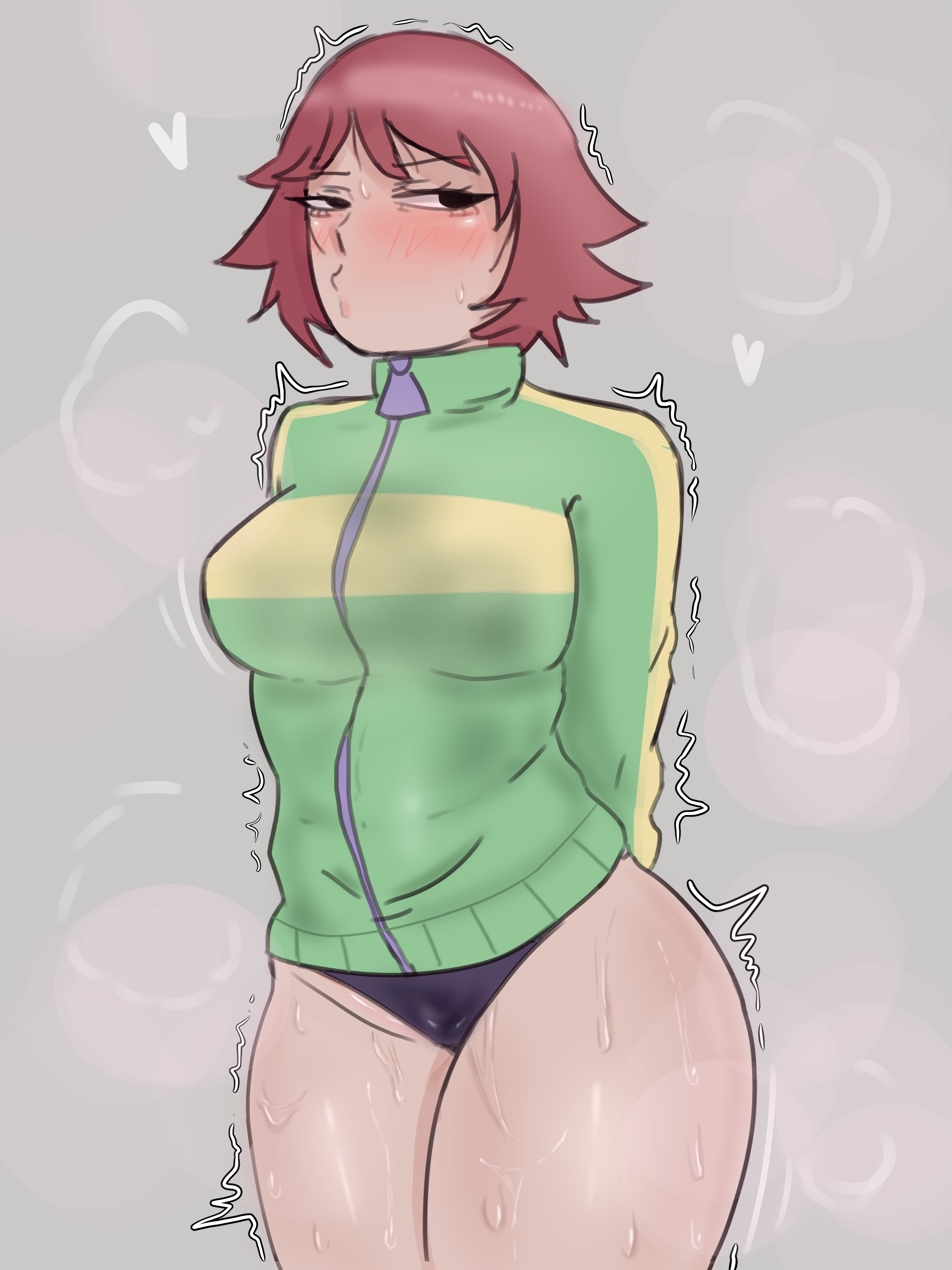 azazelinp, bare thighs, black panties, blush, brown hair, clothed, cute, dark eyes, embarrassed, embarrassed female, female, kim pine, no pants, panties, red hair, scott pilgrim, suggestive, sweat, sweatdrop, sweating, sweaty, sweaty body, sweaty legs, sweaty thighs, tsundere