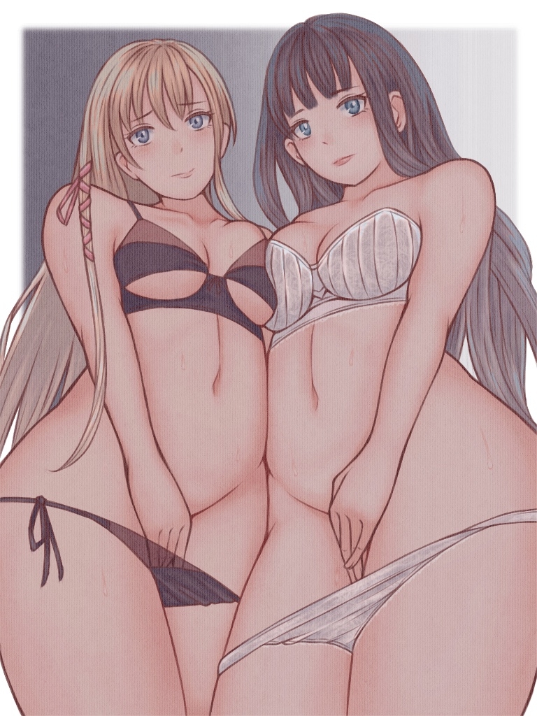 2girls, adult, adult female, bare arms, bare belly, bare chest, bare hands, bare hips, bare legs, bare midriff, bare navel, bare shoulders, bare skin, bare thighs, belly, belly button, black bra, black hair, black panties, black underwear, black-haired female, blonde eyebrows, blonde female, blonde hair, blonde-haired female, blue eyes, blue-eyed female, bra, breast press, breast press on chest, breast squeeze, breasts, breasts press, breasts pressed against another, breasts pressed against partner, breasts pressed together, busty, busty female, collarbone, covering, covering crotch, covering privates, covering pussy, covering self, curvaceous, curvaceous body, curvaceous female, curvaceous figure, curvaceous hips, curvy, curvy body, curvy female, curvy figure, curvy hips, digital, digital art, digital drawing, digital drawing (artwork), digital media, digital media (artwork), exposed arms, exposed belly, exposed chest, exposed hips, exposed legs, exposed midriff, exposed navel, exposed shoulders, exposed skin, exposed thighs, eyebrows visible through hair, female, female focus, female only, final fantasy, final fantasy xiv, fingers, gaia (ffxiv), gradient background, grey background, groin, hair between eyes, half naked, half nude, hand on crotch, hand on own crotch, hand on own pussy, hand on pussy, head tilt, hiding pussy, high resolution, highres, hourglass figure, inguinal crease, inguinal ligament, large breasts, lean figure, legs closed, legs together, linea alba, lips, long hair, looking at viewer, mature, mature female, medium breasts, midriff, multiple females, multiple girls, naked, naked female, naked woman, narrow waist, navel, nervous, nervous expression, nervous face, nervous female, nude, nude female, nudity, panties, panties aside, panties down, pixiv id 21451697, pressing breasts, pressing breasts together, pushing breasts together, pussy, ryne waters, semi nude, shoulders, shy, shy expression, simple background, slender body, slender waist, slim waist, squeezing breast, squeezing breasts, squeezing breasts together, standing, stomach, thick thighs, thighs, tilted head, underboob, underwear, underwear aside, underwear down, underwear only, upper body, white bra, white panties, white underwear, wide hips, yellow eyebrows, yellow hair, yellow-haired female