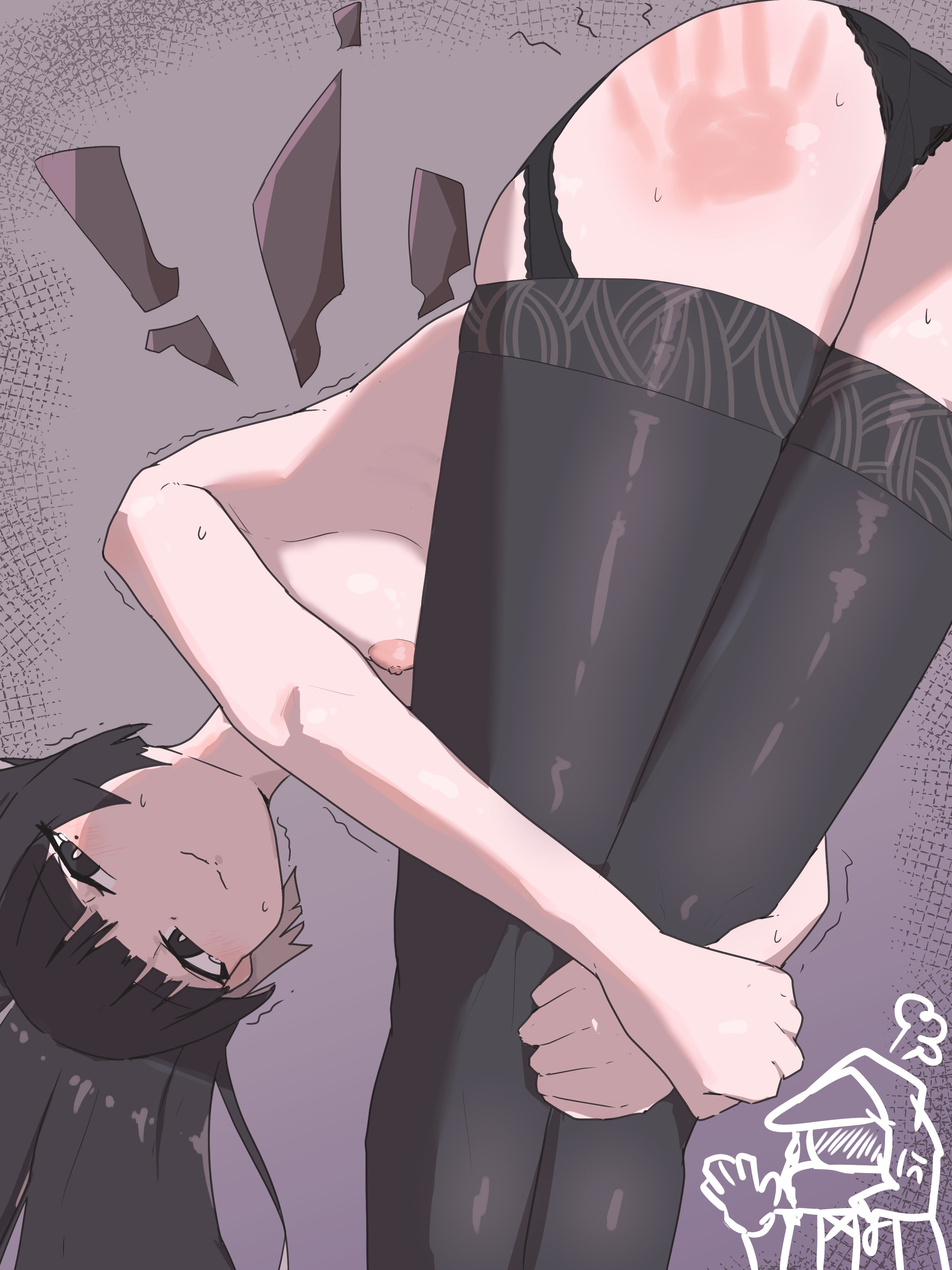 arknights, ass, breasts, concococho, energy wings, female, female only, flat chest, garter straps, long hair, slap mark, small breasts, smirk, thighs, topless, virtuosa (arknights)