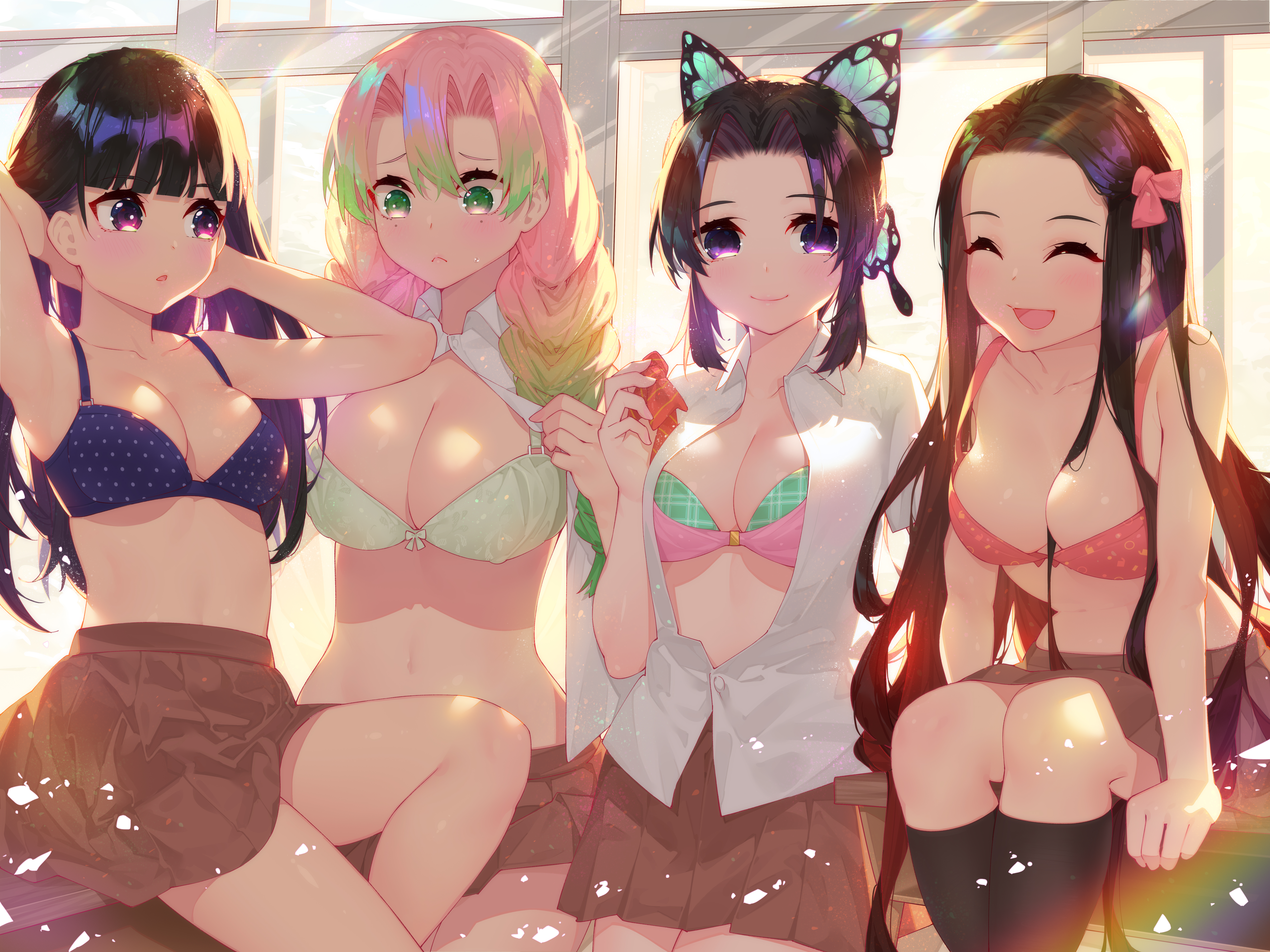 4girls, absurd res, black hair, black-haired female, bra, braided hair, breasts, butterfly hair ornament, cleavage, demon slayer, female, female only, hair down, kamado nezuko, kanroji mitsuri, kimetsu no yaiba, kochou shinobu, multiple females, multiple girls, open shirt, pink hair, pink-haired female, purple hair, purple-haired female, school uniform, skirt, tsuyuri kanao, unbuttoned shirt, underwear, waterring