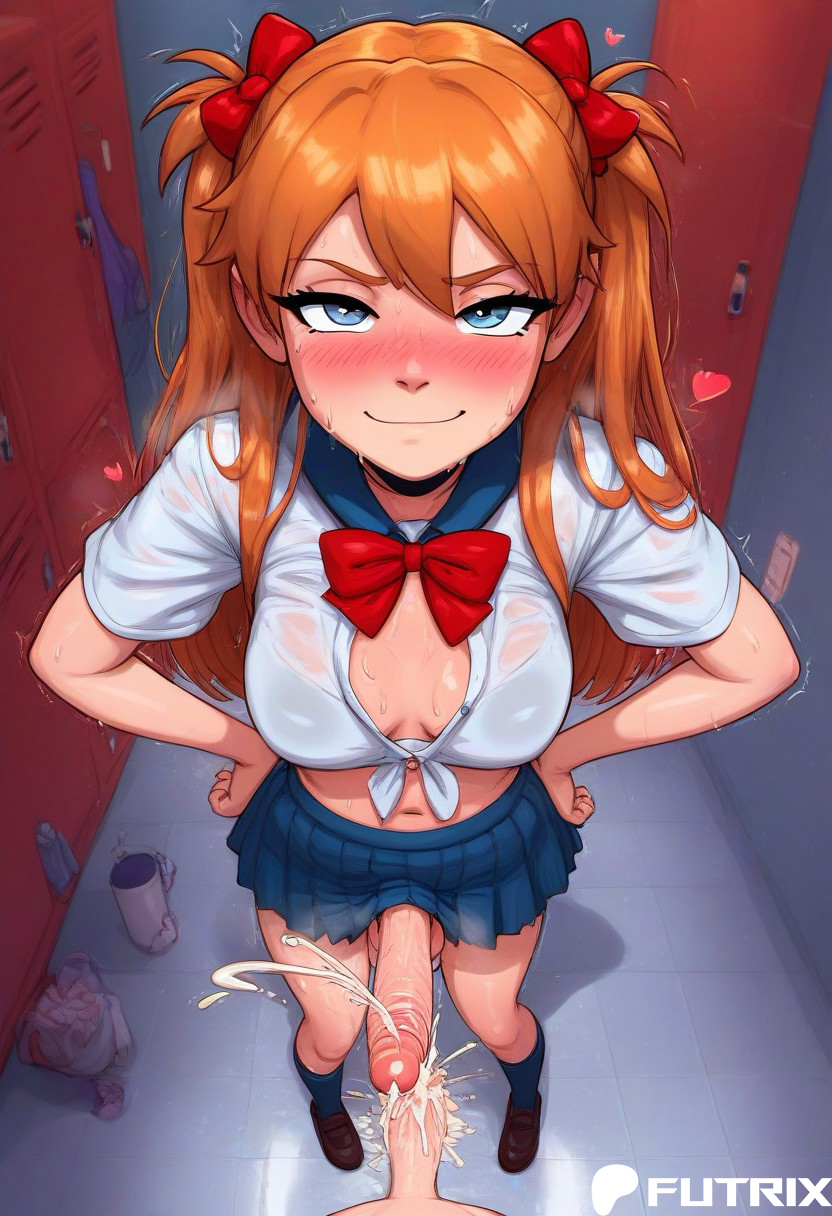 1boy, 1futa, ai generated, asuka langley sohryu, big ass, big breasts, big dick, breasts, bullying, comparing, comparing penis, cumming, cumming together, dick, dickgirl, dominant futa, erection, feet, femboy, femboysub, futa is bigger, futa on femboy, futa on male, futadom, futanari, futrix, hi res, highres, intersex, large breasts, leaking cum, male, naked, neon genesis evangelion, nude, penis, penis size difference, school uniform, showing off, striptease, teasing, thick ass, thick thighs