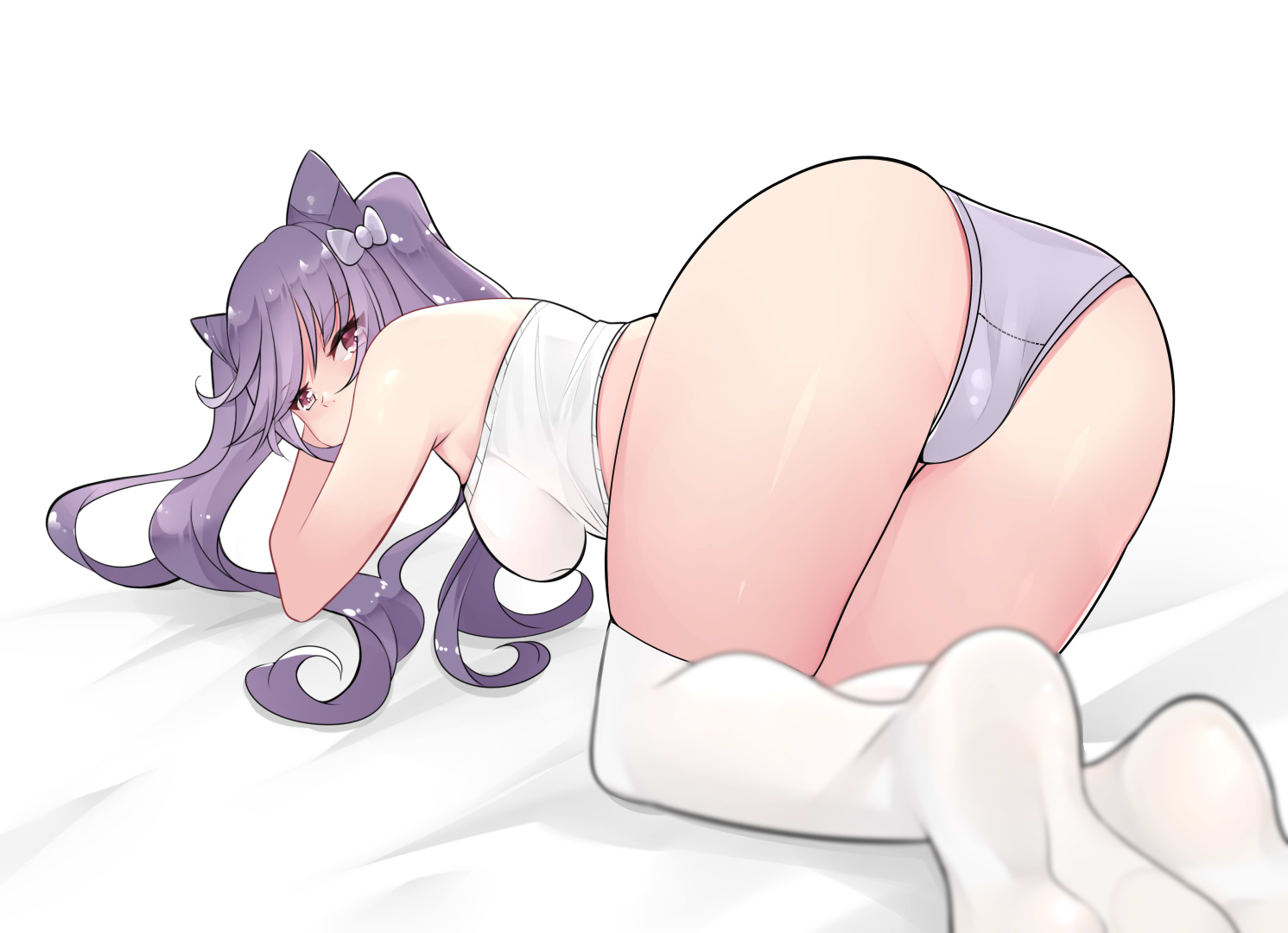 back view, female, genshin impact, keqing (genshin impact), no shoes, panties, purple hair, stockings, twintails, white stockings