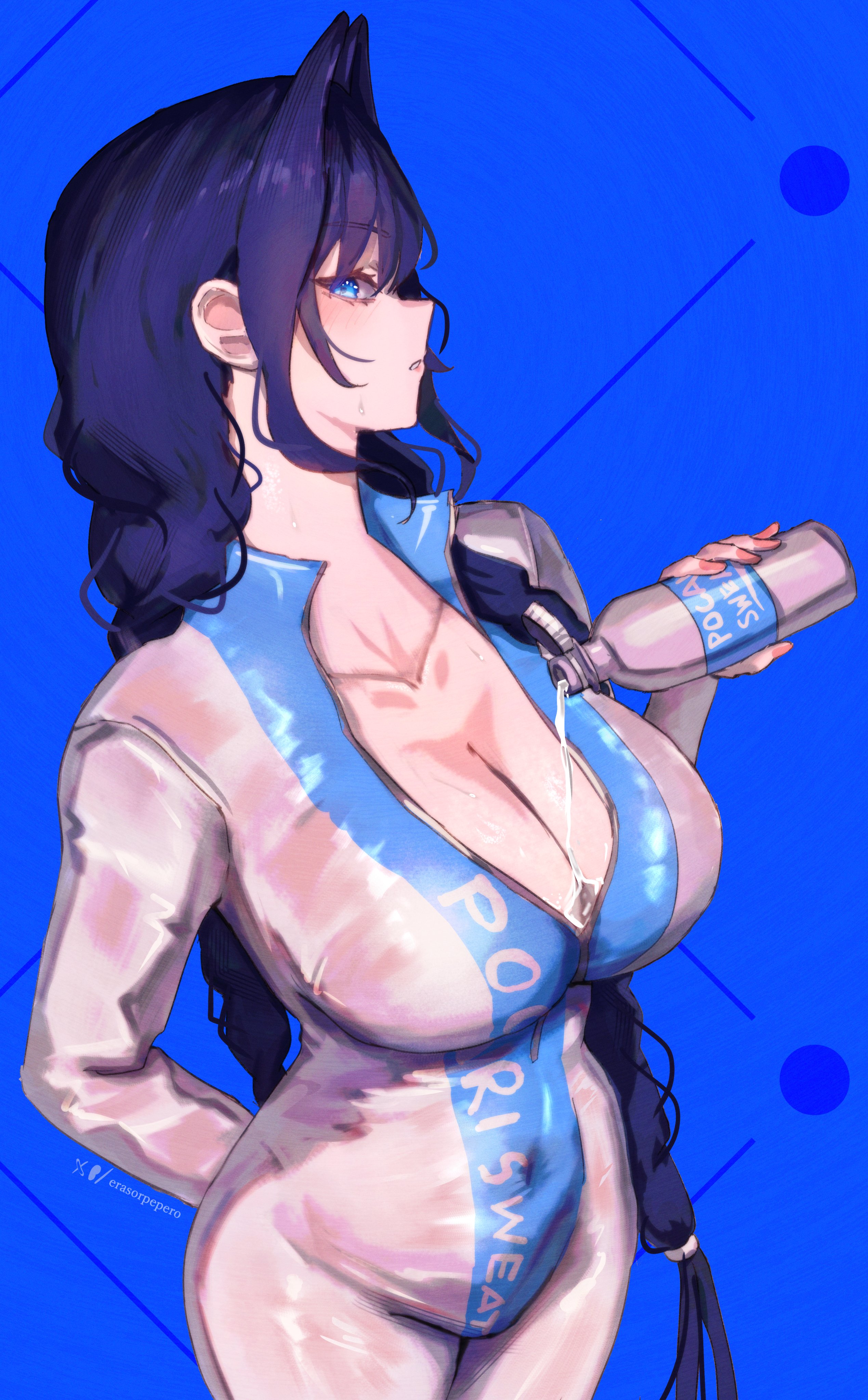 absurdres, black hair, blue eyes, bodysuit, bottle, breasts, cleavage, covered navel, erasorpepero, female, hair intakes, highres, holding, holding bottle, hololive, hololive english, hololive english -council-, hololive english -promise-, large breasts, long hair, ouro kronii, ouro kronii (maid), partially unzipped, pocari sweat, pouring, pouring onto self, solo, virtual youtuber, water, water bottle, white bodysuit