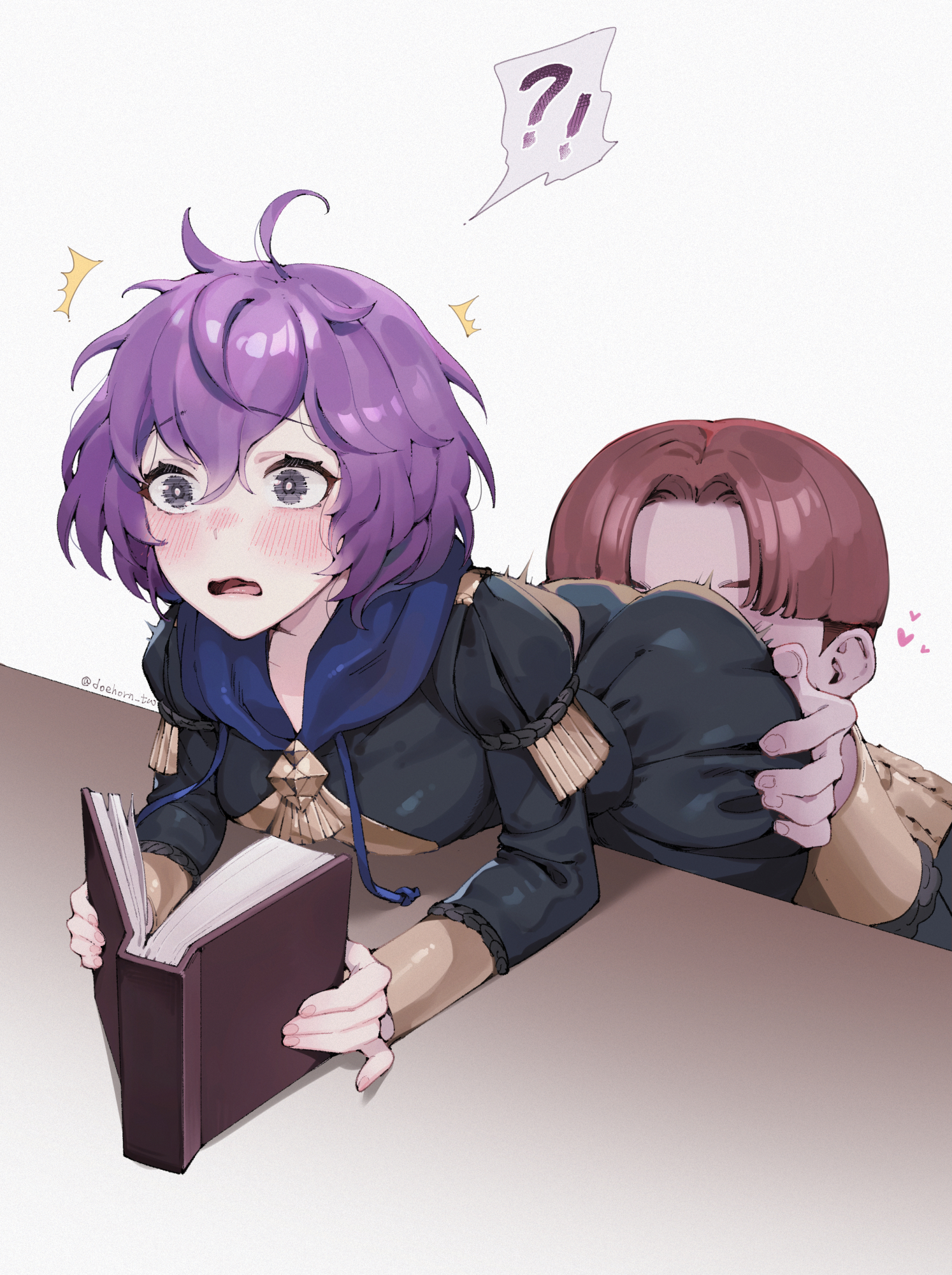 1boy, 1girls, ass grab, bad haircut, bernadetta von varley, book, breasts, doehorn, female, fire emblem, fire emblem: three houses, garreg mach monastery uniform, grey eyes, groping, imminent penetration, male, nintendo, purple hair, questionable consent, short hair, short purple hair, small breasts