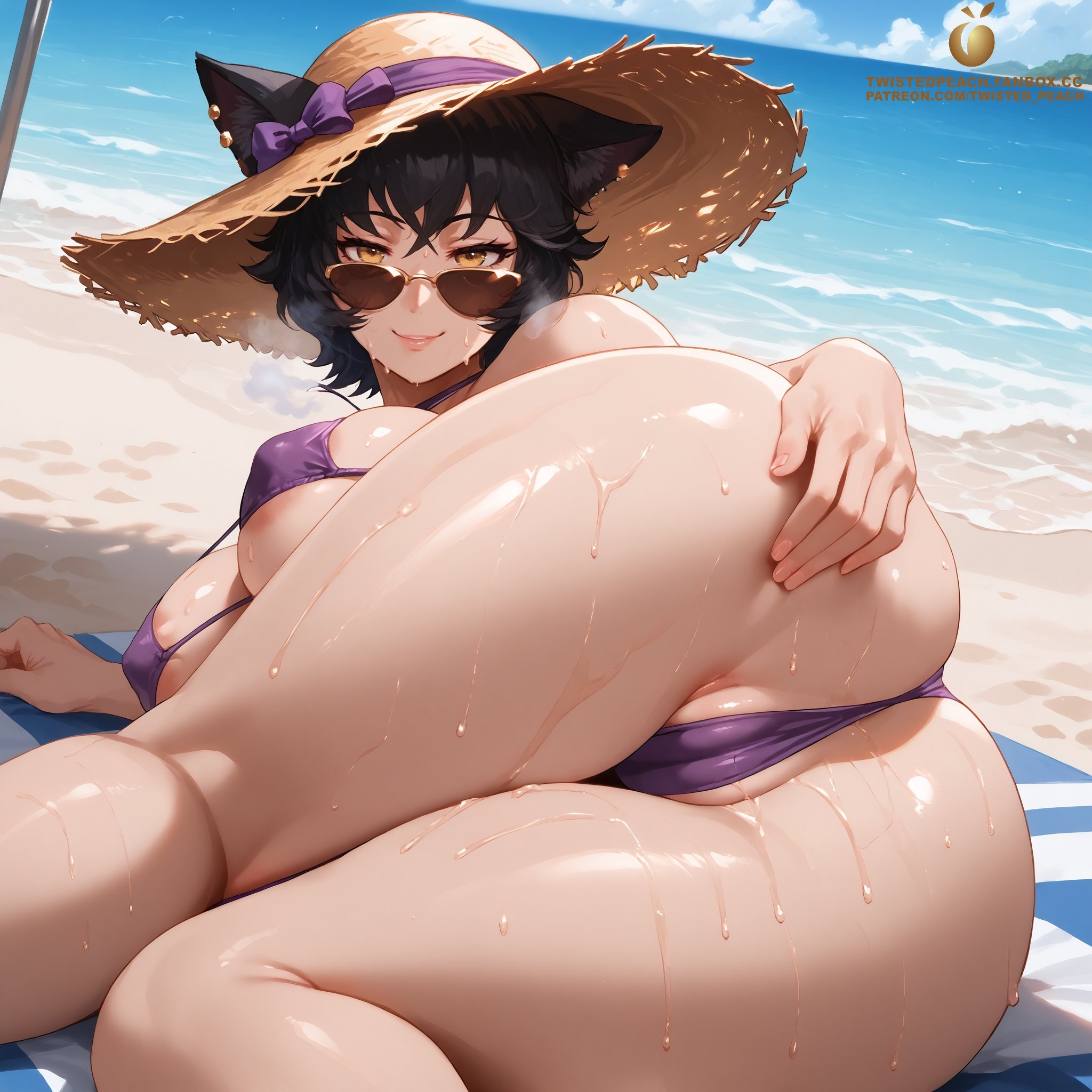 1girls, ai generated, amber eyes, areola slip, areolae, ass, ass focus, beach, bikini, bikini bottom, bikini top, black hair, breasts, cameltoe, cat ears, cat girl, catgirl, faunus, female, female only, hat, huge ass, huge breasts, kali belladonna, large ass, large breasts, large butt, large thighs, light-skinned female, mature, mature female, mature woman, milf, motherly figure, posing, rwby, short hair, solo, solo female, solo focus, straw hat, sun hat, sunglasses, tagme, thick, thick ass, thick thighs, twistedpeach