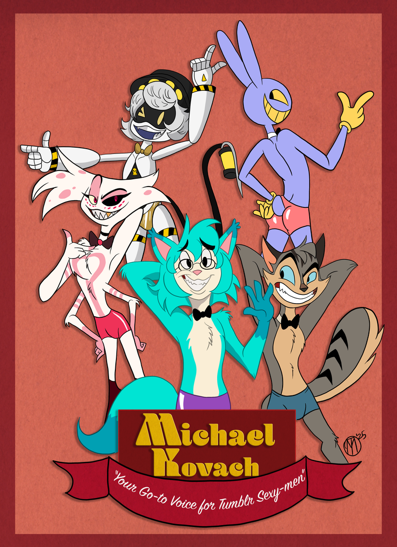 5boys, angel dust (hazbin hotel), anthro, black nose, blue body, blue fur, blue sclera, bowtie, bulge, cyan hair, felid, feline, felis, furry, glasses, glitch productions, gloves, gold tooth, gooseworx, hazbin hotel, hellaverse, hunicast, jax (the amazing digital circus), kovicat, kovox, lackadaisy, male, male focus, male only, michael kovach, murder drones, n (murder drones), pink nose, purple body, purple skin, purple tail, rabbit, red eyes, rocky rickaby, sharp teeth, spider, tagme, the amazing digital circus, vivienne medrano, vivziepop, voice actor, voice actor connection, yellow gloves, yellow sclera, yellow teeth, youtube