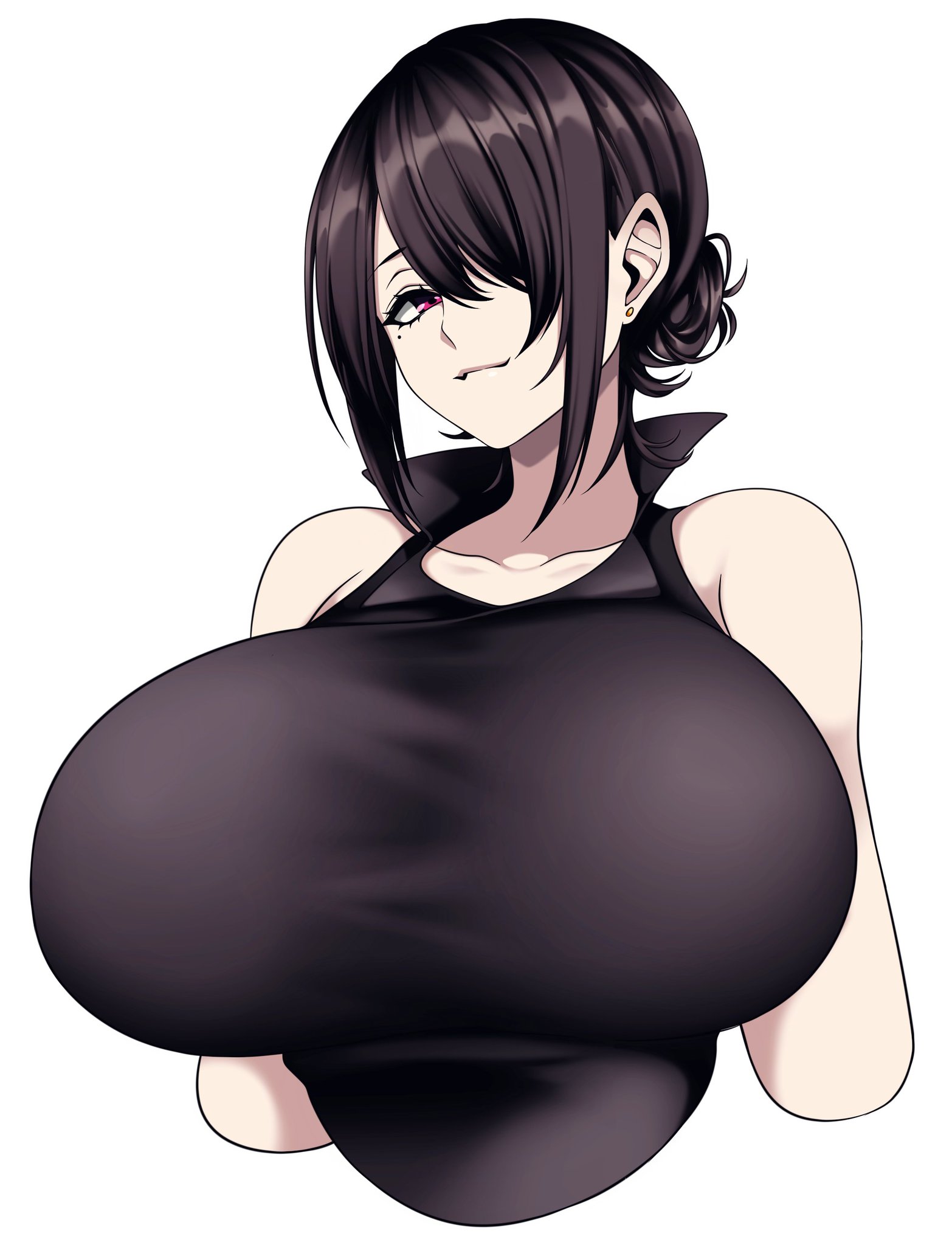 big breasts, black hair, breasts, camui kamui (hz 666v), cute, dark hair, ear piercing, eyelashes, eyeliner, female, female only, huge breasts, large breasts, light skin, light-skinned female, original, otoha (camui kamui), red eyes, seductive, seductive eyes, seductive look, seductive smile, smile, solo, voluptuous, white background