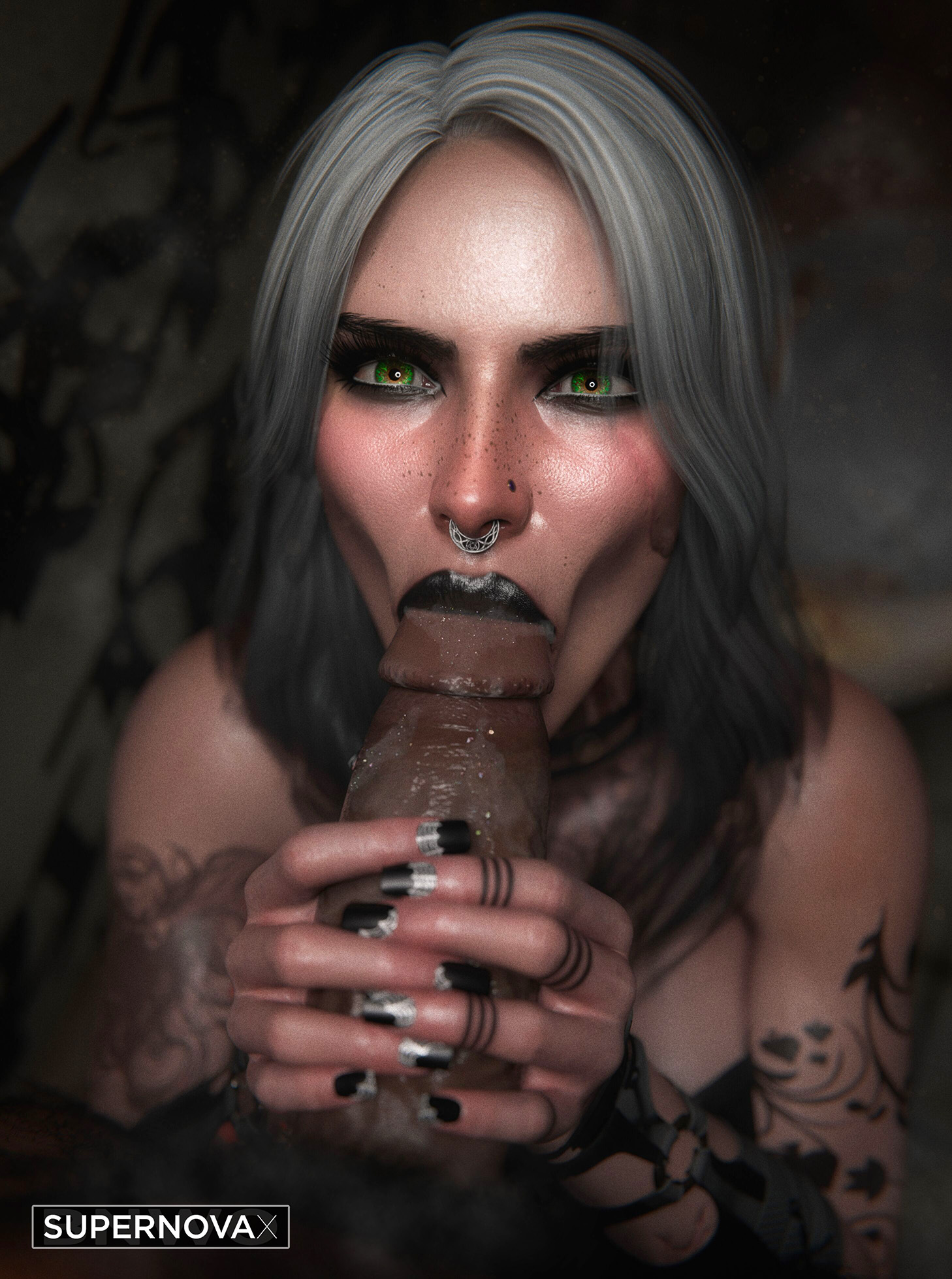 :>=, 1boy, 1girls, 2025, 3d, arm tattoo, big penis, blowjob, cd projekt red, ciri, cock, dark skin, dark-skinned male, detailed background, duo, fellatio, female, female penetrated, freckles, freckles on face, goth, goth girl, green eyes, hand on penis, handjob, holding penis, huge cock, indoors, interracial, light skin, light-skinned female, long fingernails, long nails, looking at partner, male, male penetrating, male/female, nose piercing, nose ring, oral, oral penetration, oral sex, pale skin, pale-skinned female, penis, penis in mouth, piercing, pubes, pubic hair, qos, queen of spades, saliva, saliva on penis, straight, straight sex, supernovax, tattoo, the witcher (series), the witcher 3: wild hunt, watermark, white hair