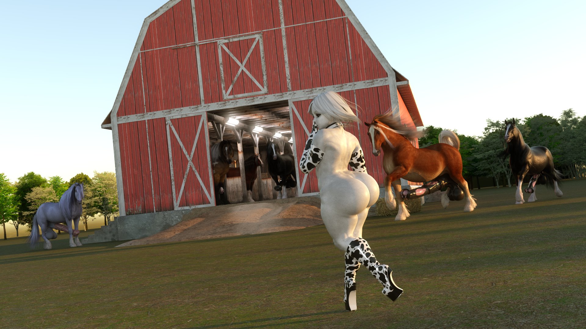 1girls, 3d, animal penis, balls, barn, big balls, big penis, black body, black fur, black hair, boots, brown body, brown fur, collar, cow costume, cow print, equine, equine penis, female, feral, horse, horse penis, horsecock, huge balls, huge cock, hyper balls, hyper penis, imminent sex, interspecies, large penis, male, naked, pale skin, penis, rivaliant, size difference, smaller female, stallion, texas (rivaliant), thick thighs, white hair, white silk, wide hips, zoophilia