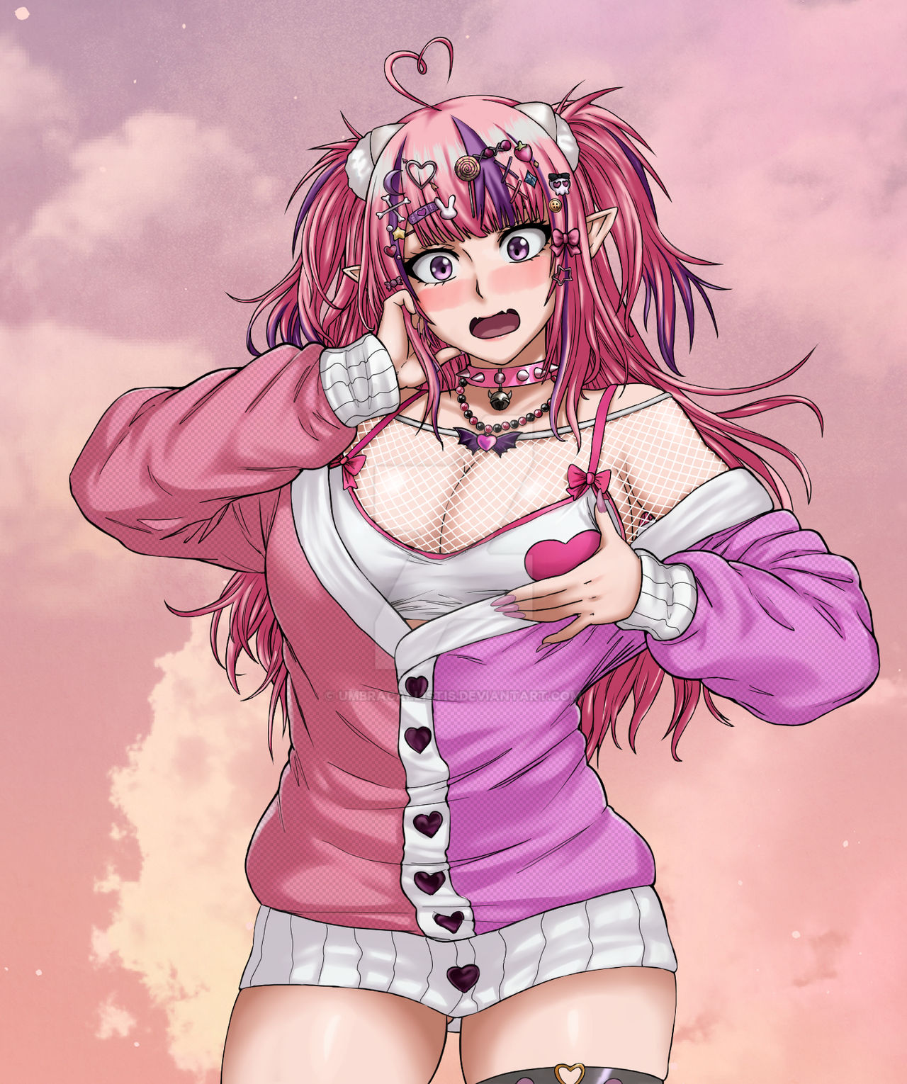 1girls, body swap, breasts, female, female only, genderswap (mtf), grabbing own breast, indie virtual youtuber, ironmouse, ironmouse (decora outfit), pink hair, purple eyes, rule 63, umbracallistis, virtual youtuber, vshojo, vtuber