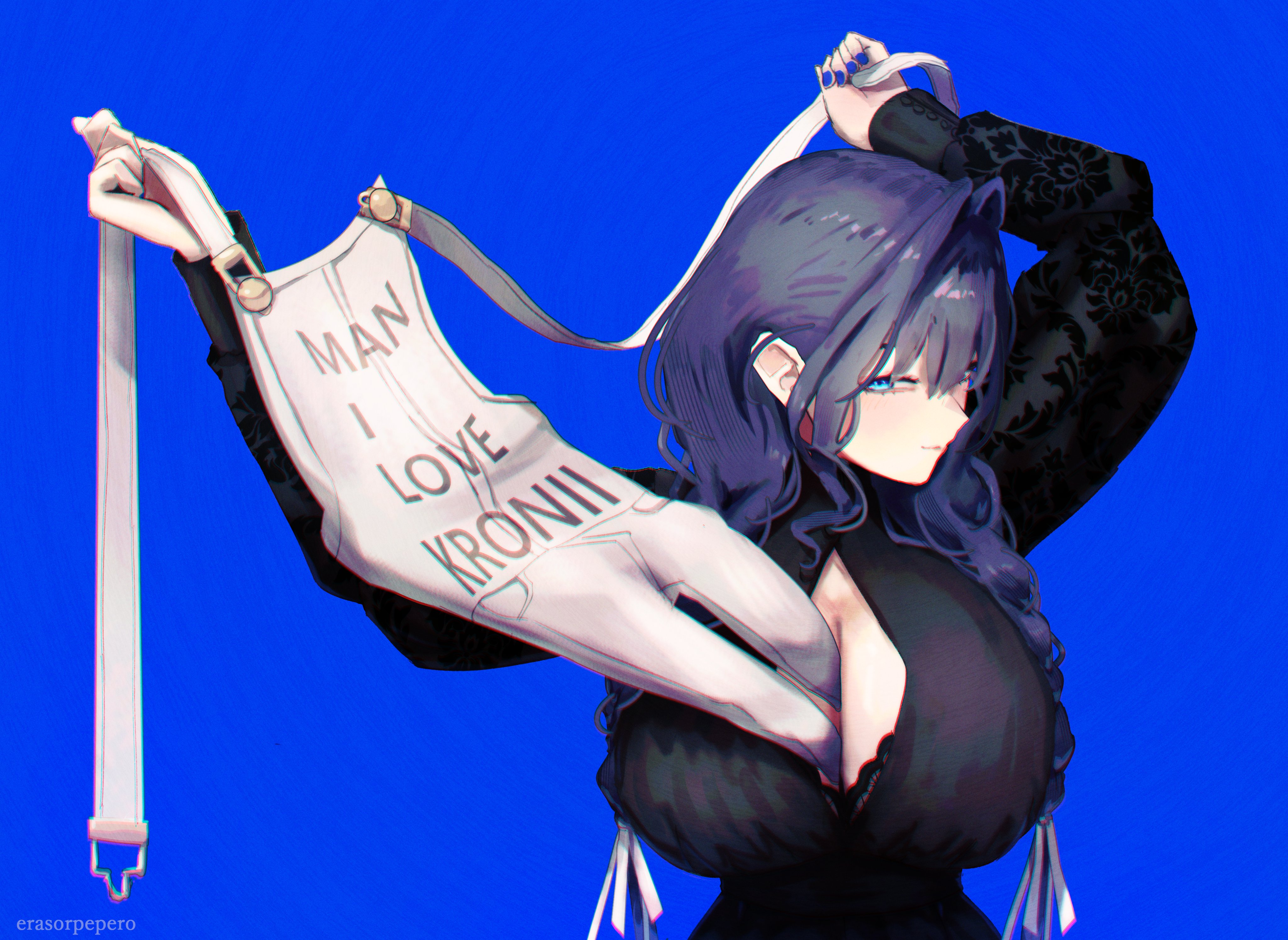 absurdres, black bra, black dress, blue background, blue eyes, blue hair, blue nails, bra, breasts, cleavage, commentary, dress, english commentary, erasorpepero, female, hair intakes, hair ribbon, highres, hololive, hololive english, hololive english -council-, hololive english -promise-, huge breasts, long hair, ouro kronii, ouro kronii (maid), overalls, ribbon, solo, underwear, virtual youtuber, white overalls, white ribbon