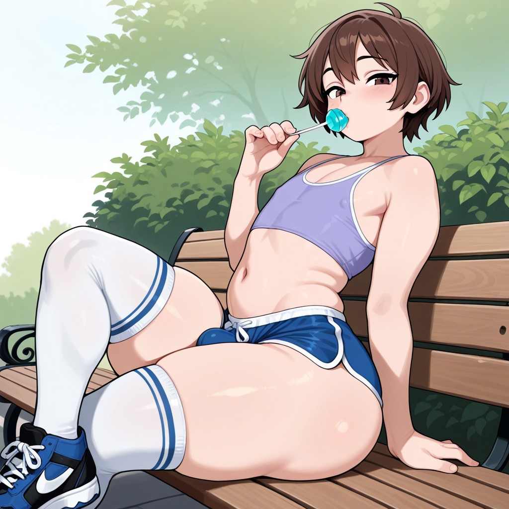 1boy, 1femboy, 2025, ai generated, alternate version available, ass, bamlam, belly, bench, big ass, brown eyes, brown hair, bulge, crossdressing, femboy, feminine male, girly, legwear, licking, licking lollipop, lollipop, male, navel, outdoors, outside, park, park bench, short shorts, shorts, sports shorts, sports uniform, sportswear, tank top, thick thighs, thighs, top, topwear, trap