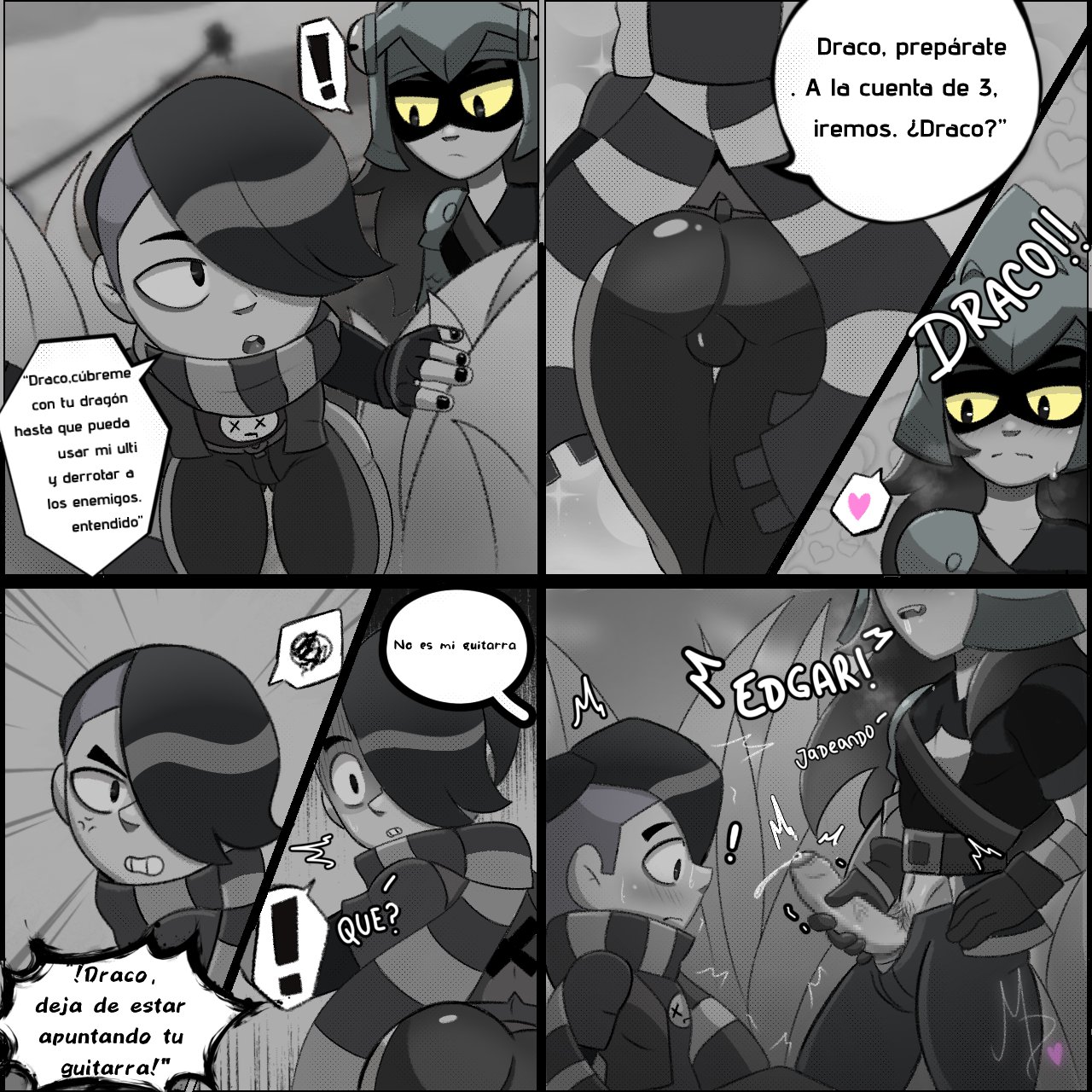ass, ass visible through thighs, black nails, blowjob, blowjob face, blush, brawl stars, clothed, clothing, comic, comic panel, dialogue, dick, draco (brawl stars), duo, edgar (brawl stars), ejaculation, emo, emo boy, emo hair, erection, gay, gloves, hair, hair over one eye, heart, helmet, human, long hair, male, male only, masturbation, penis, pubic hair, scarf, short hair, spanish text, supercell, surprised, sweat, tears, thighs, yellow eyes