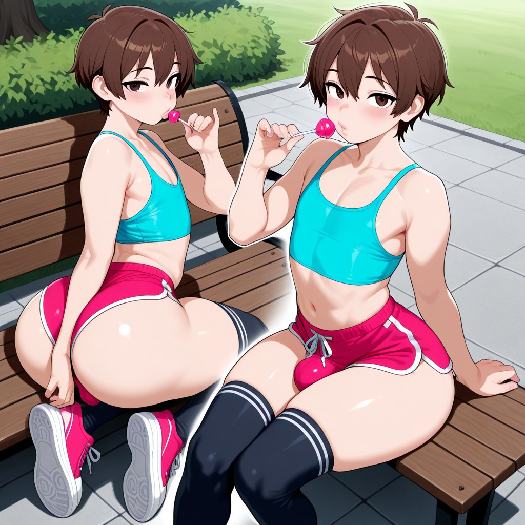 1boy, 1femboy, 2025, ai generated, alternate version available, ass, bamlam, belly, bench, big ass, brown eyes, brown hair, bulge, crossdressing, femboy, feminine male, girly, legwear, licking, licking lollipop, lollipop, male, navel, outdoors, outside, park, park bench, short shorts, shorts, sports shorts, sports uniform, sportswear, tank top, thick thighs, thighs, top, topwear, trap