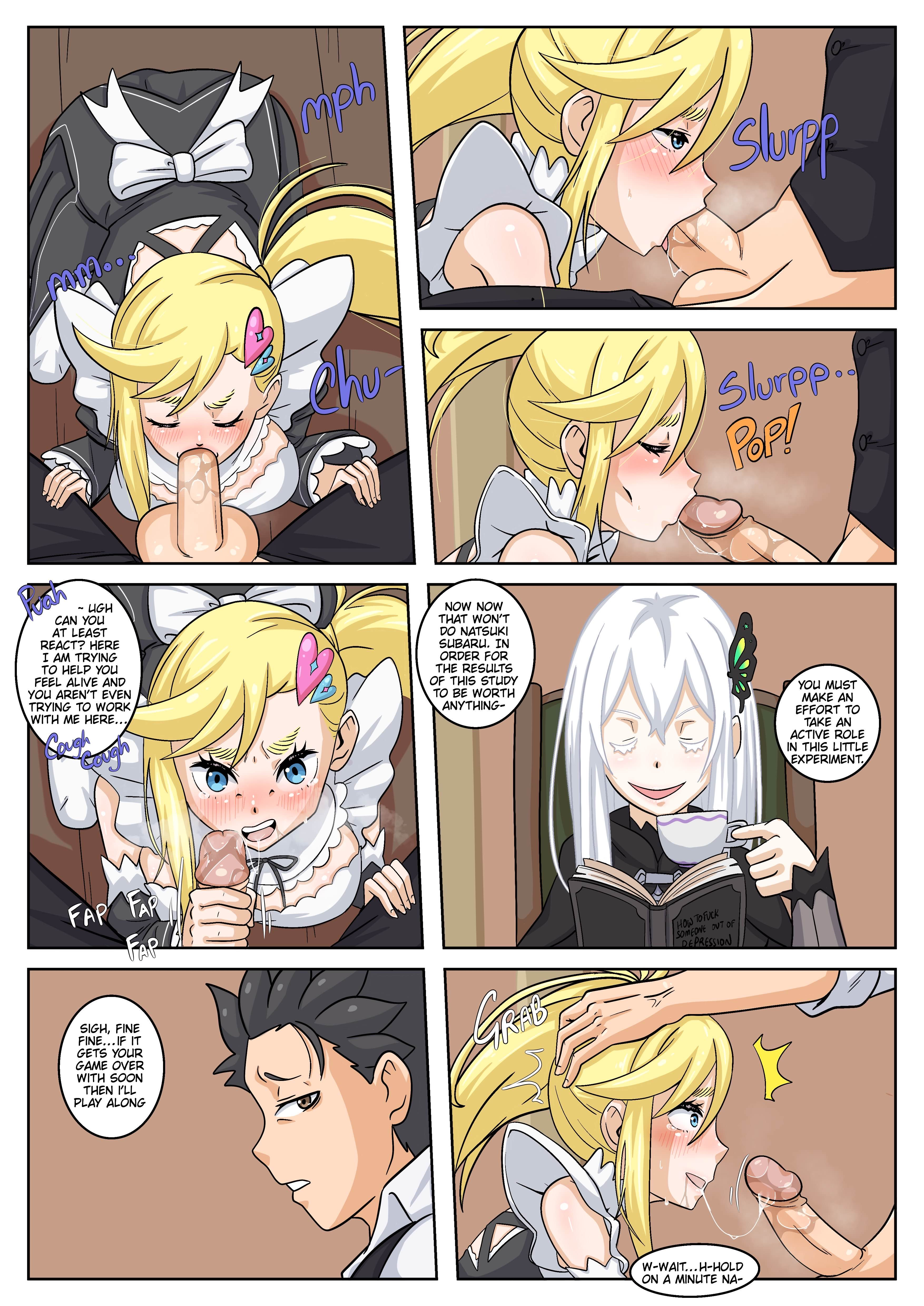 blowjob, echidna (re:zero), english text, fellatio, minerva (re:zero), natsuki subaru, re:zero kara hajimeru isekai seikatsu, tagme, wacum