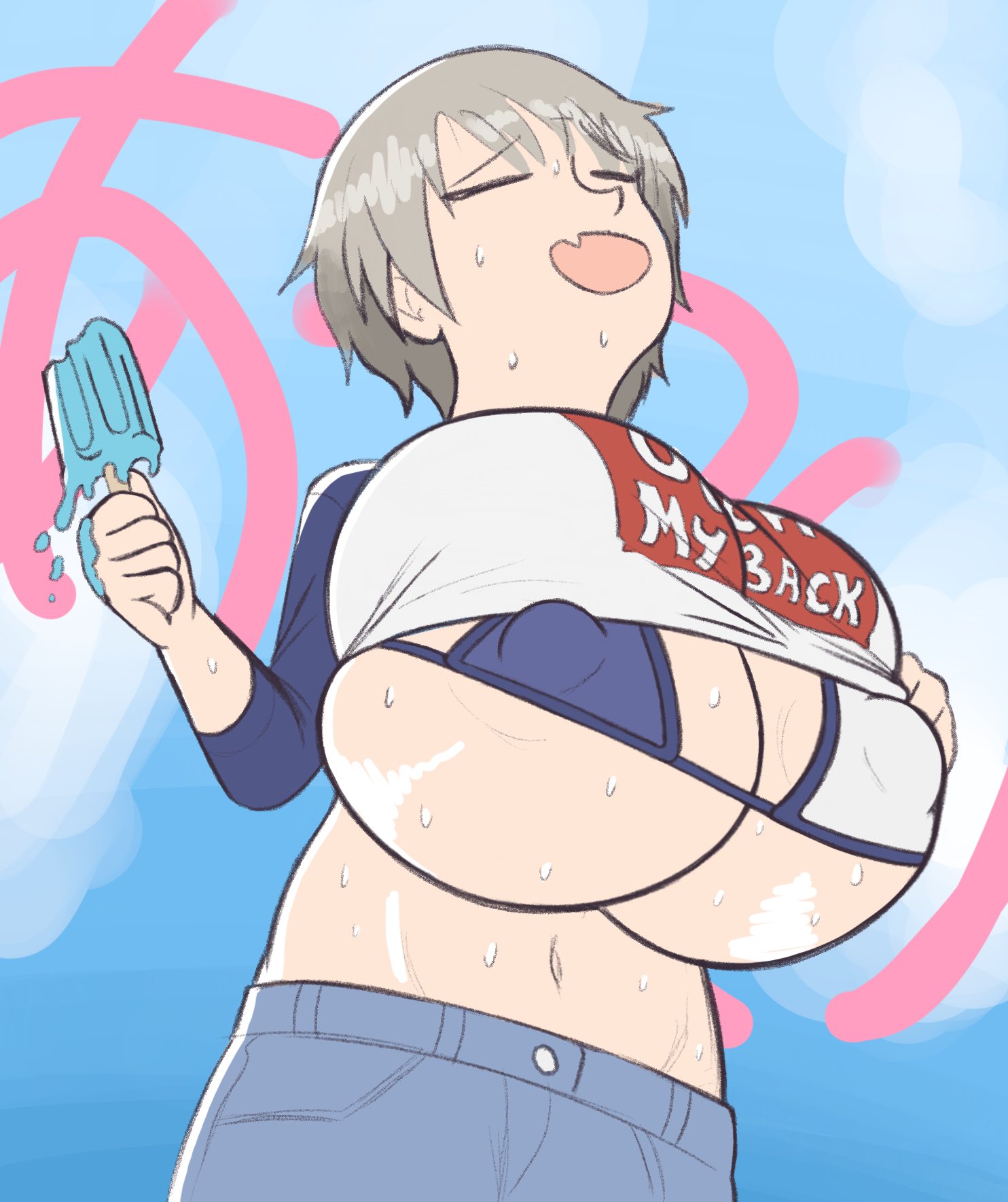 big breasts, breasts, closed eyes, female, female only, gigantic breasts, huge breasts, kingmelon, nipple bulge, popsicle, solo, solo female, sweat, sweatdrop, sweaty, tagme, underboob, undressing, uzaki hana, uzaki-chan wa asobitai!, white hair