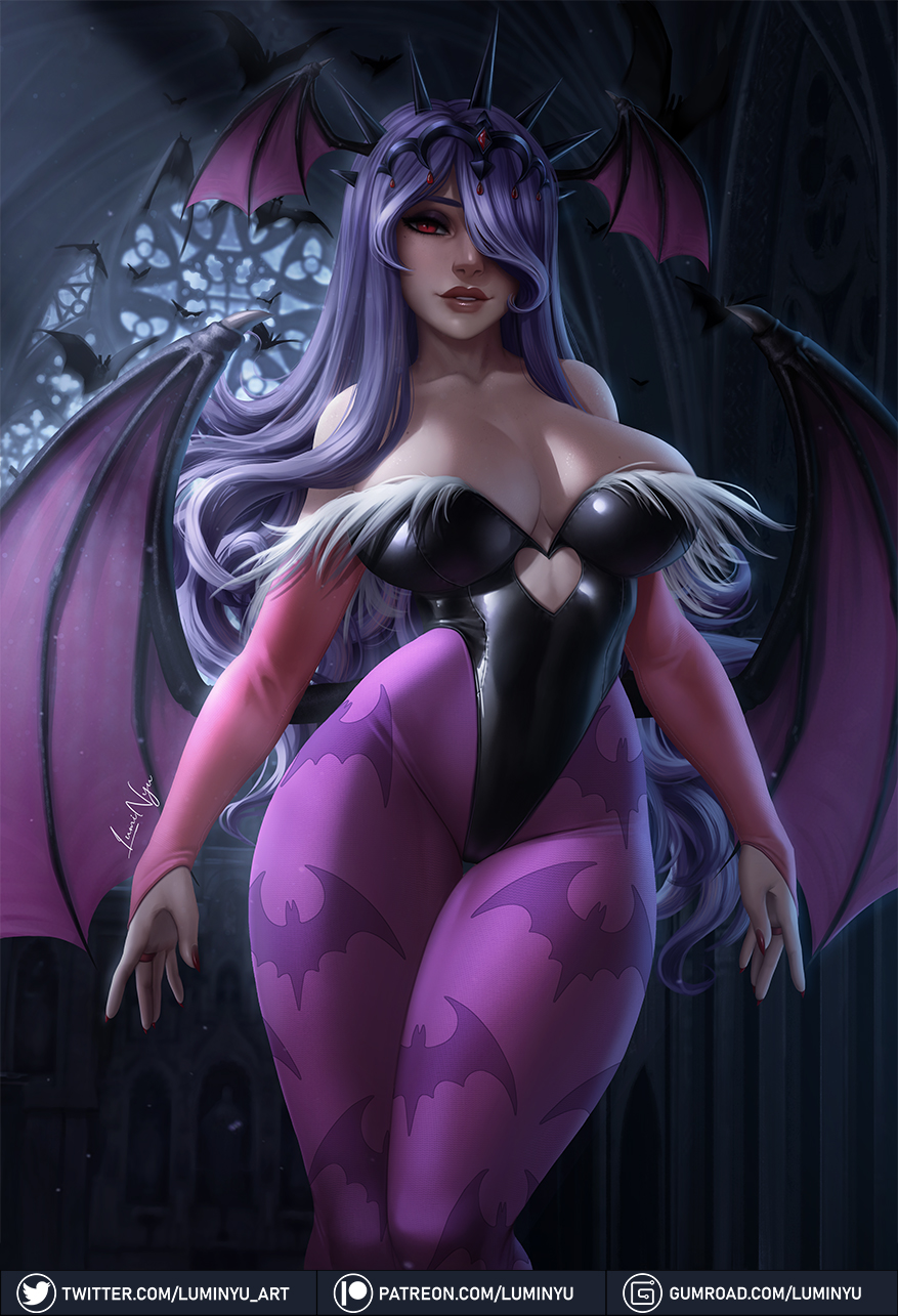 1girls animal_print arms_at_sides bare_shoulders bat bat_wings bats big_breasts black_legwear breasts bridal_gauntlets camilla_(fire_emblem) cat_print cleavage clothing clothing_cutout collarbone cosplay curly_hair curvy darkstalkers elbow_gloves english_commentary female female_only fire_emblem fire_emblem_fates gloves gumroad_logo gumroad_username hair_ornament hair_over_one_eye head_wings heart_cutout highleg highleg_leotard highres hips indoors large_breasts legs_together leotard lips long_hair looking_at_viewer luminyu mole mole_on_breast morrigan_aensland morrigan_aensland_(cosplay) nail_polish nintendo panties pantyhose parted_lips patreon_logo patreon_username print_legwear purple_gloves purple_hair purple_leotard purple_panties purple_wings red_eyes red_nails smile solo solo_female standing strapless strapless_leotard thick_thighs thigh_gap thighhighs thighs thunder_thighs tiara tight_clothing twitter_logo twitter_username underwear vampire very_long_hair voluptuous web_address white_skin wings