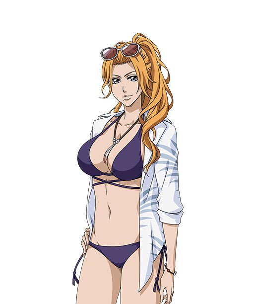 1girls, arm at side, big breasts, big tits, bikini, bikini bottom, bikini under clothes, bleach, bleach brave souls, blue eyes, bracelet, breasts, busty, clavicle, cleavage, closed mouth, clothing, curvaceous, dress shirt, eyewear, eyewear on head, fat breasts, female, female focus, female only, flat belly, groin, hair intakes, hair tie, halterneck, hand on hip, hand on own hip, high ponytail, jewelry, large breasts, light-skinned female, long hair, looking at viewer, matsumoto rangiku, micro bikini, mole, mole under mouth, navel, necklace, official art, open clothes, open shirt, orange hair, pendant, ponytail, purple bikini, purple swimsuit, shirt, side-tie bikini, side-tie bikini bottom, side-tie clothing, side-tie swimsuit, simple background, sleeves rolled up, smile, solo, standing, stomach, string bikini, sunglasses, sunglasses on head, swimsuit, swimsuit under clothes, tall female, tied hair, tinted eyewear, unbuttoned, unbuttoned shirt, wavy hair, white background, white shirt, white-framed eyewear, wide hips